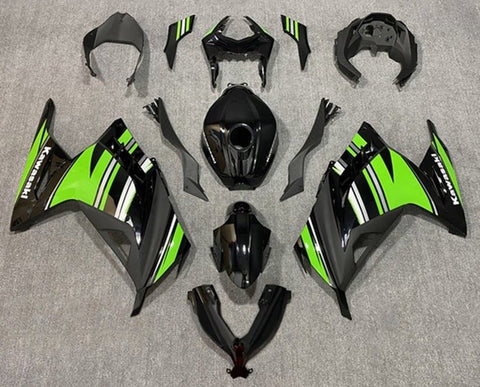 Kawasaki Ninja 300 Fairings (2013-2024) Black, Green, White, Gray Stripe at KingsMotorcycleFairings.com