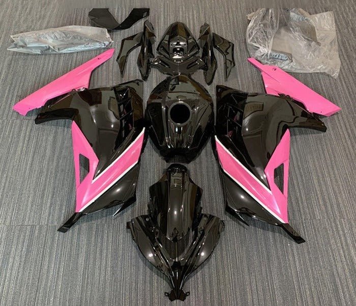 Kawasaki Ninja 300 Fairings (2013-2024) Black, Pink, White Stripe at KingsMotorcycleFairings.com
