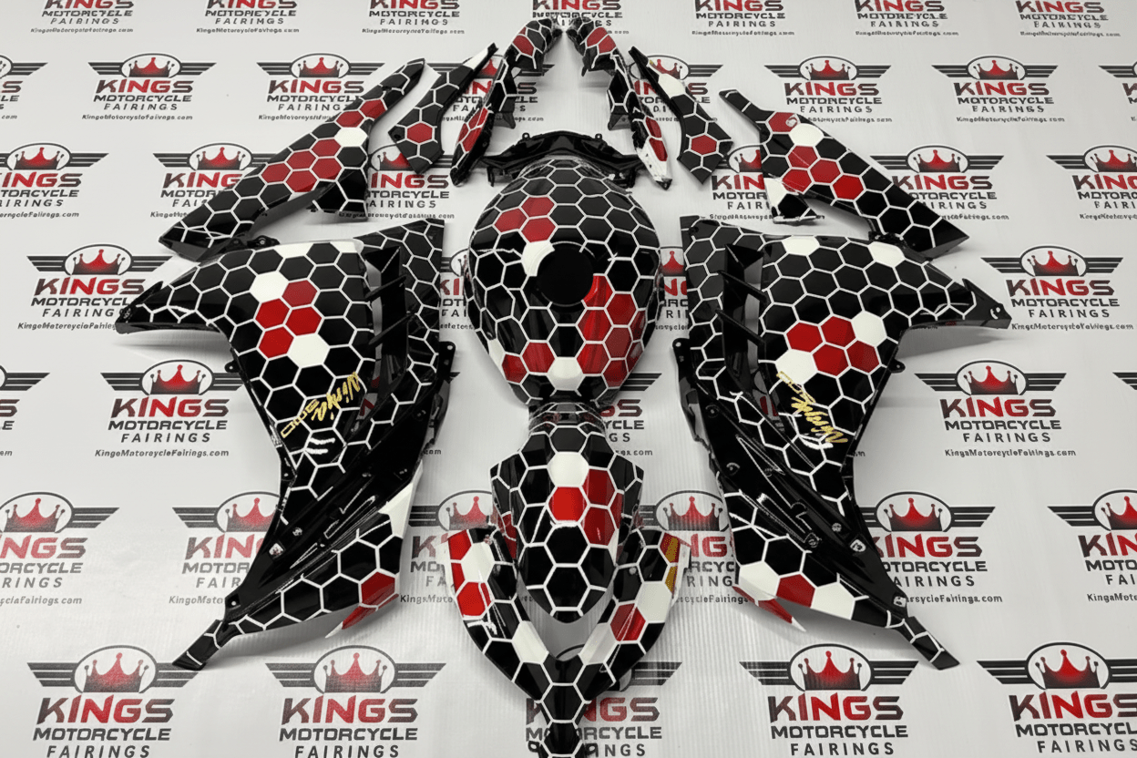 Kawasaki Ninja 300 Fairings (2013-2024) Black, White, Red, Gold Honeycomb at KingsMotorcycleFairings.com