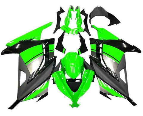 Kawasaki Ninja 300 Fairings (2013-2024) Green, Silver, Black Stripe at KingsMotorcycleFairings.com