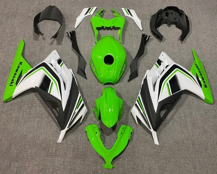 Kawasaki Ninja 300 Fairings (2013-2024) Green, White, Black Stripe from KingsMotorcycleFairings.com