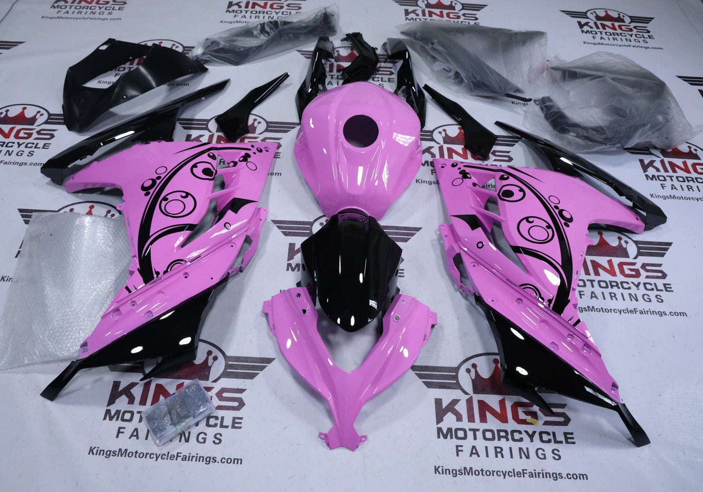 Kawasaki Ninja 300 Fairings (2013-2024) Pink, Black Circles at KingsMotorcycleFairings.com