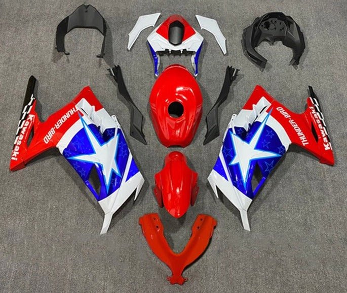 Kawasaki Ninja 300 Fairings (2013-2024) Red, Blue, White Star at KingsMotorcycleFairings.com
