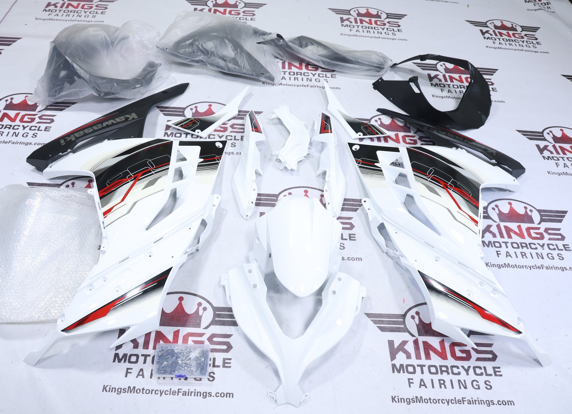 Kawasaki Ninja 300 Fairings (2013-2024) White, Black, Red Stripes at KingsMotorcycleFairings.com