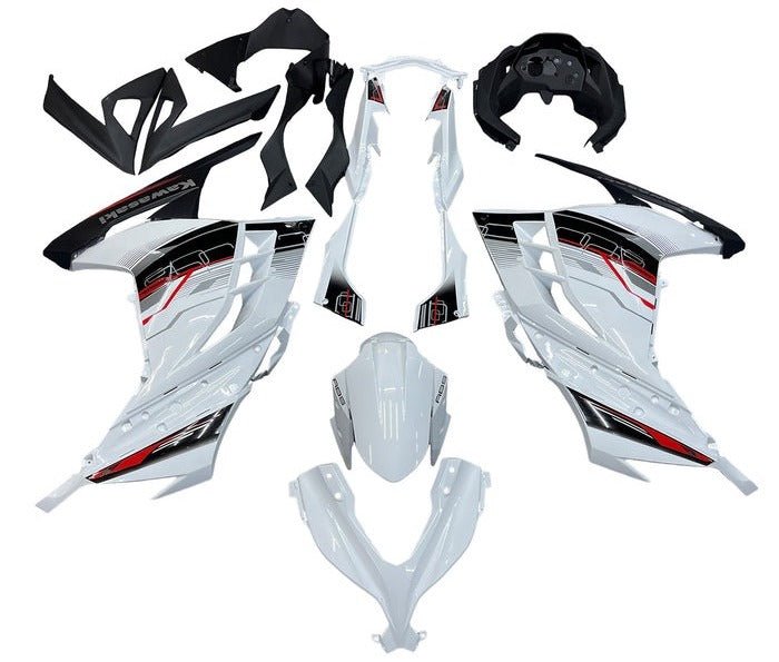 Kawasaki Ninja 300 Fairings (2013-2024) White, Black, Red, Gray Stripes from KingsMotorcycleFairings.com