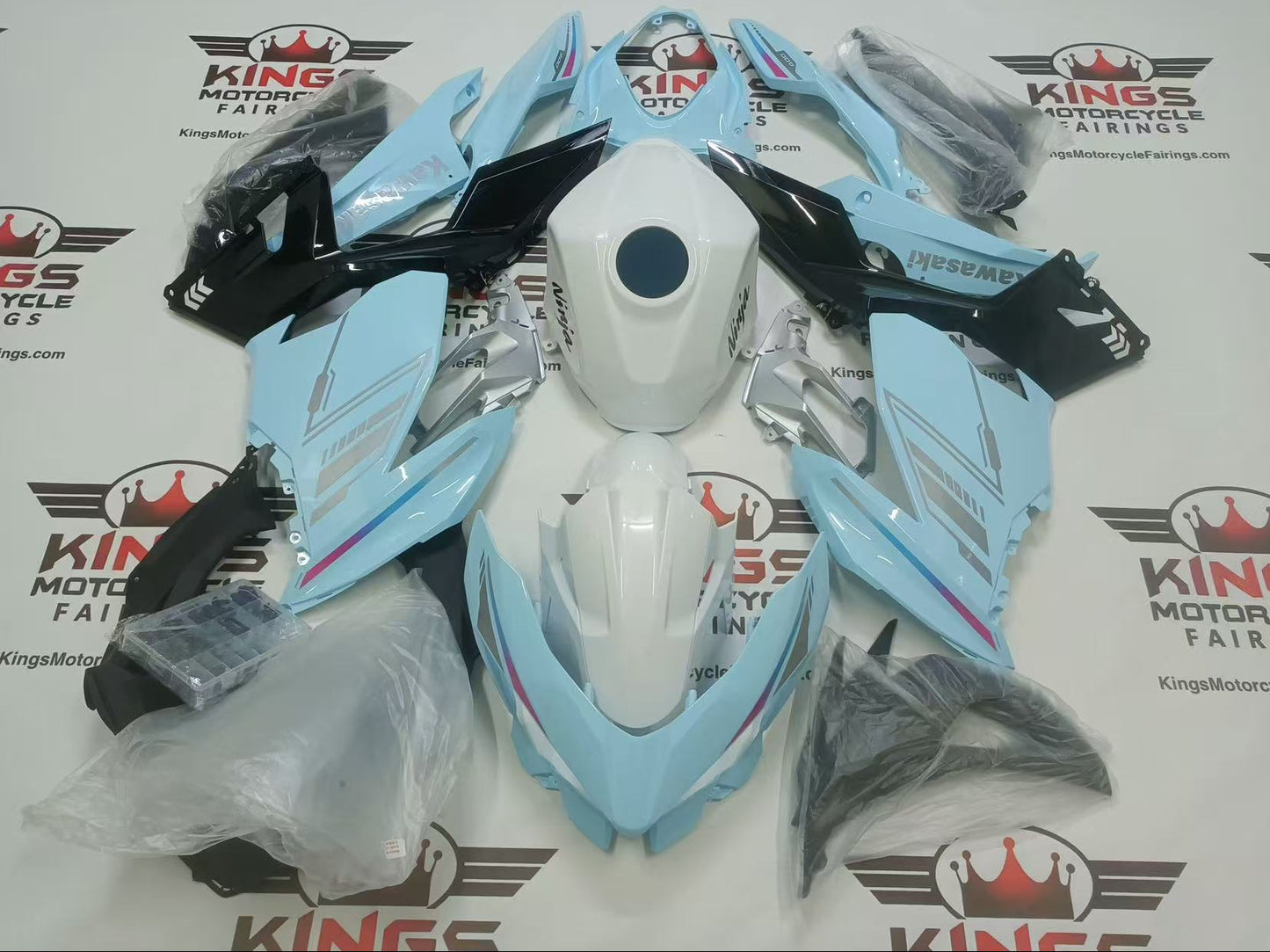 Kawasaki Ninja 400 Fairings (2018-2023) Baby Blue, White at KingsMotorcycleFairings.com