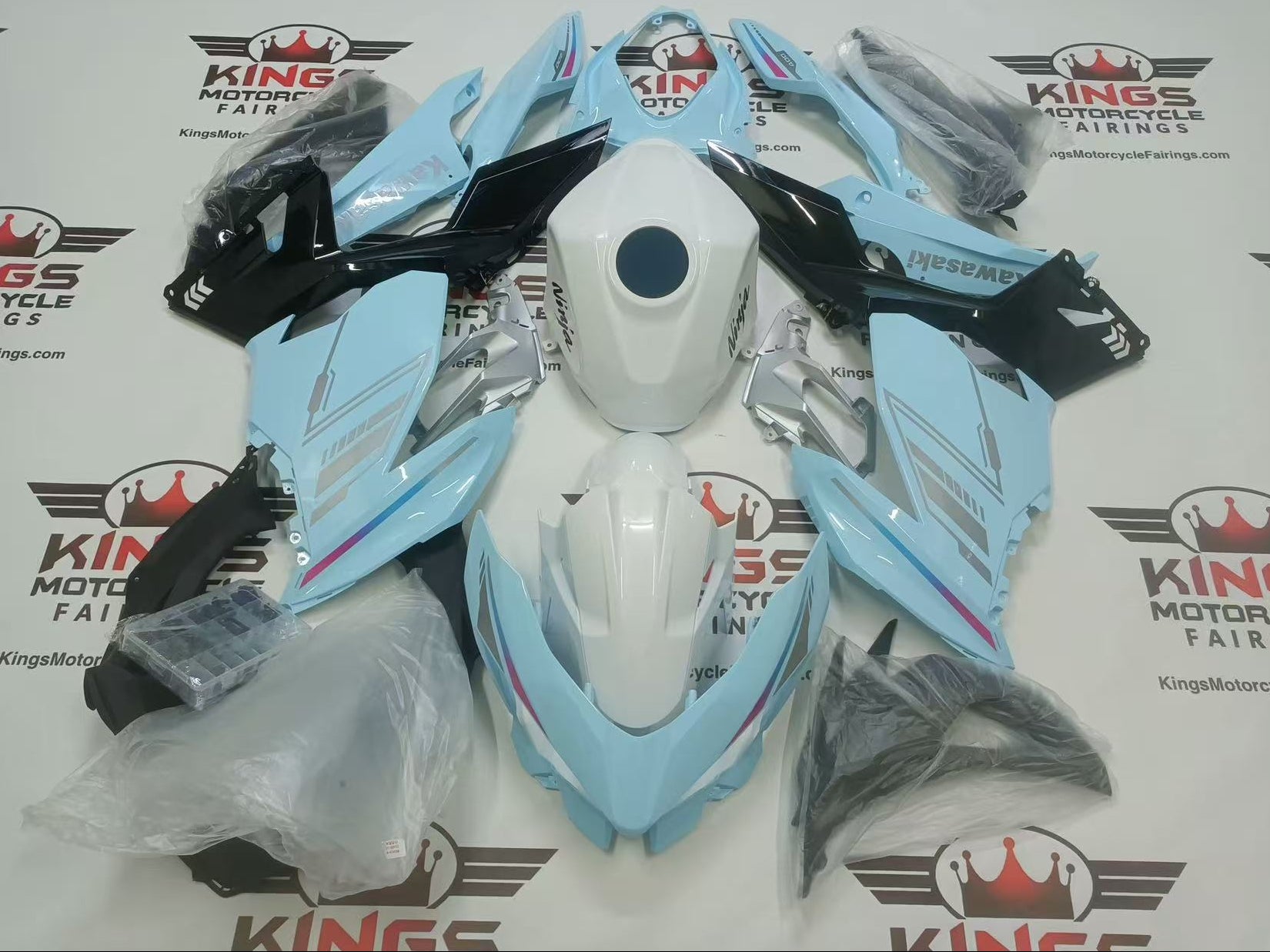 Kawasaki Ninja 400 Fairings (2018-2023) Baby Blue, White at KingsMotorcycleFairings.com
