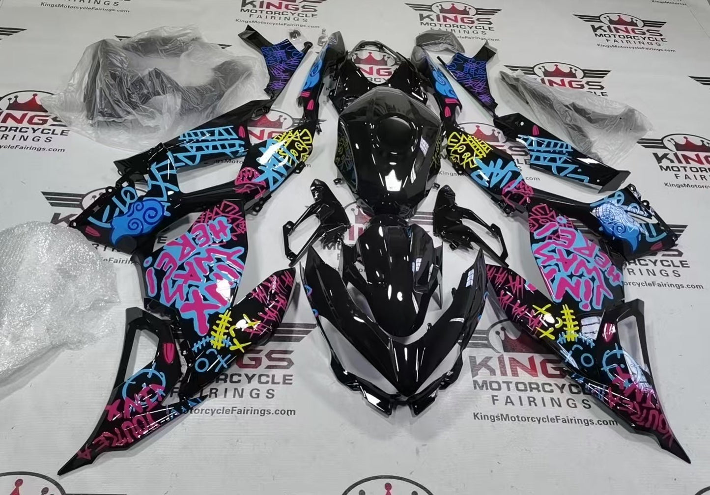 Kawasaki Ninja 400 Fairings (2018-2023) Black Jinx Graffiti at KingsMotorcycleFairings.com