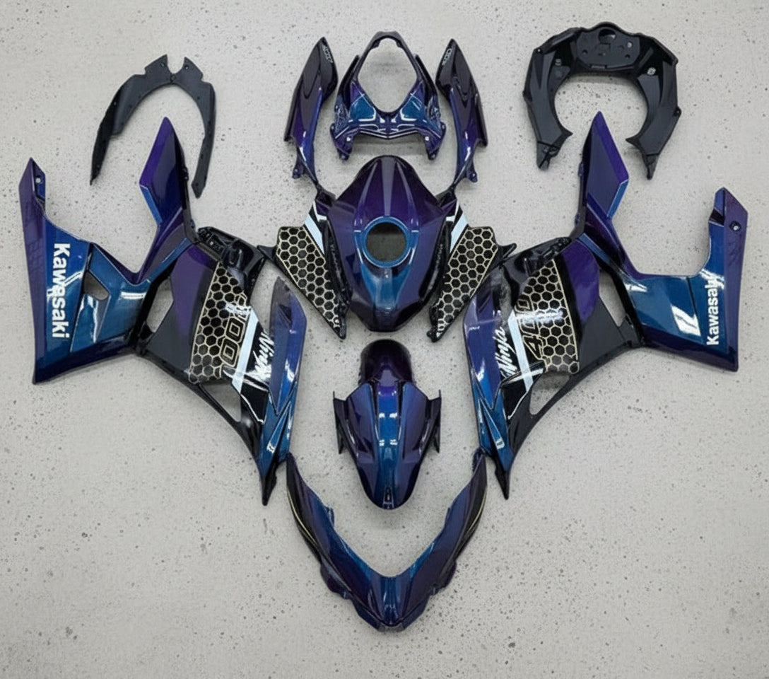 Kawasaki Ninja 400 Fairings (2018-2023) Blue, Purple, Black, Gold, White at KingsMotorcycleFairings.com