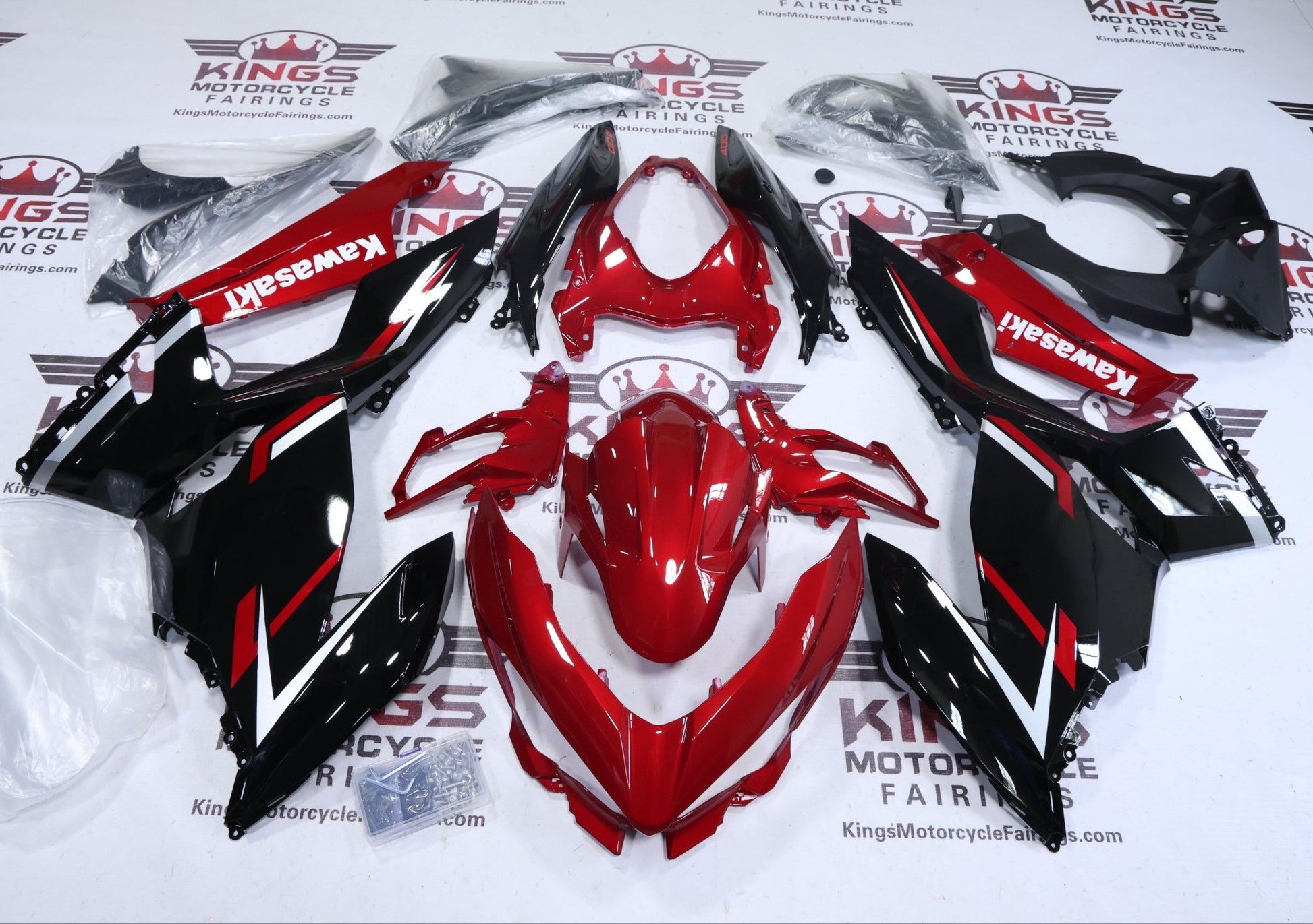 Kawasaki Ninja 400 Fairings (2018-2023) Candy Red, Black, White at KingsMotorcycleFairings.com