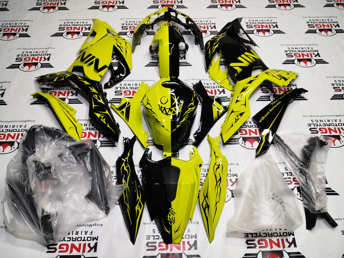 Kawasaki Ninja 400 Fairings (2018-2023) Custom Neon Yellow, Black Split at KingsMotorcycleFairings.com