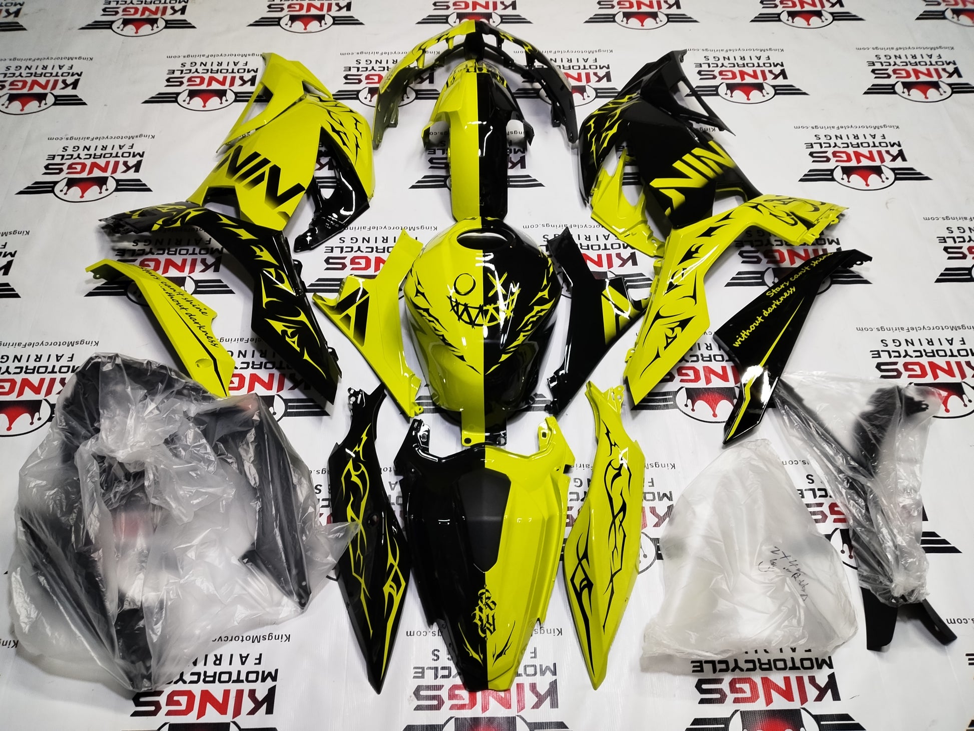 Kawasaki Ninja 400 Fairings (2018-2023) Custom Neon Yellow, Black Split at KingsMotorcycleFairings.com