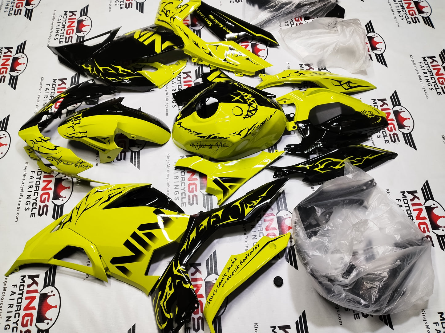 Kawasaki Ninja 400 Fairings (2018-2023) Custom Neon Yellow, Black Split from KingsMotorcycleFairings.com