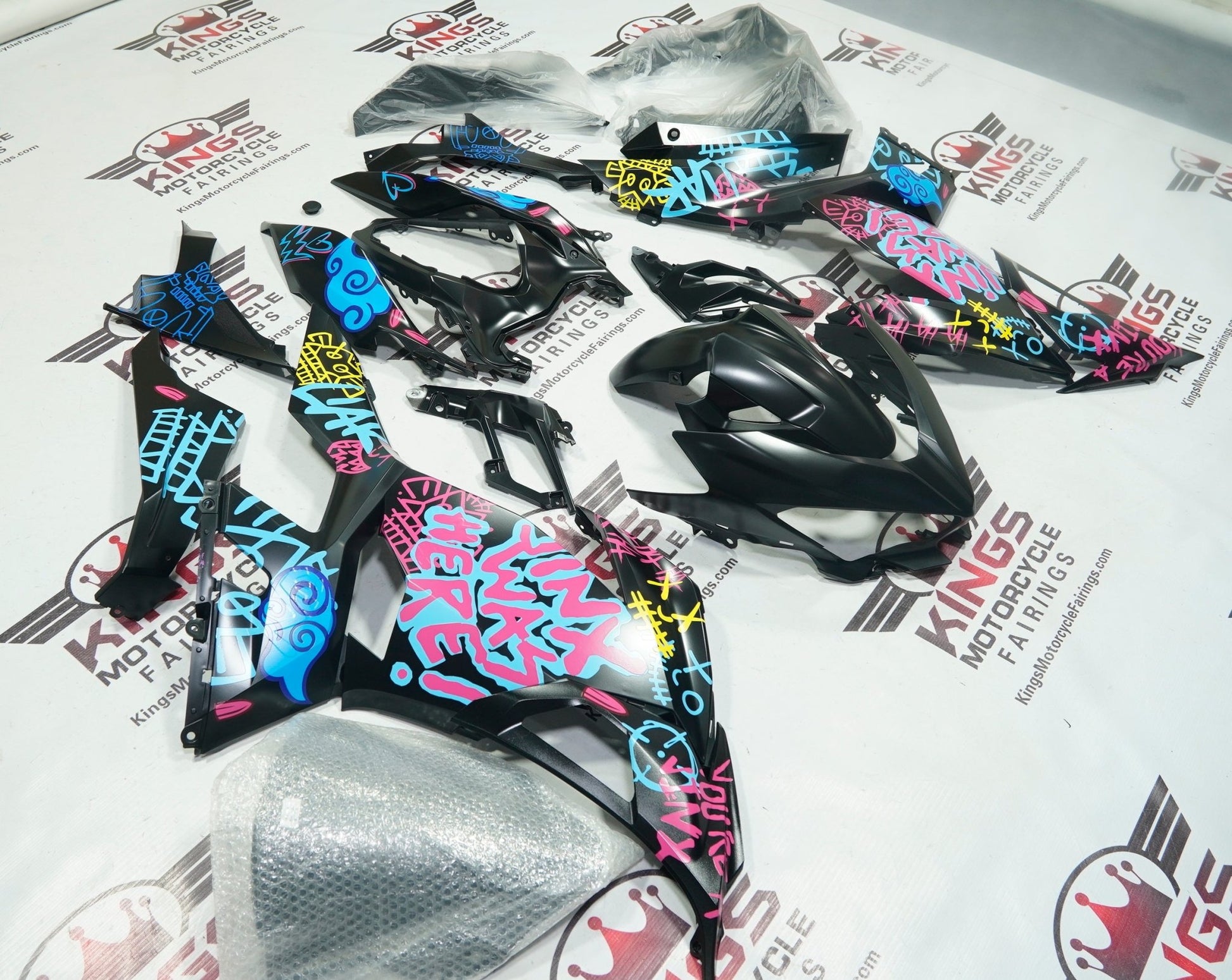 Kawasaki Ninja 400 Fairings (2018-2023) Matte Black, Blue, Pink Jinx by KingsMotorcycleFairings.com