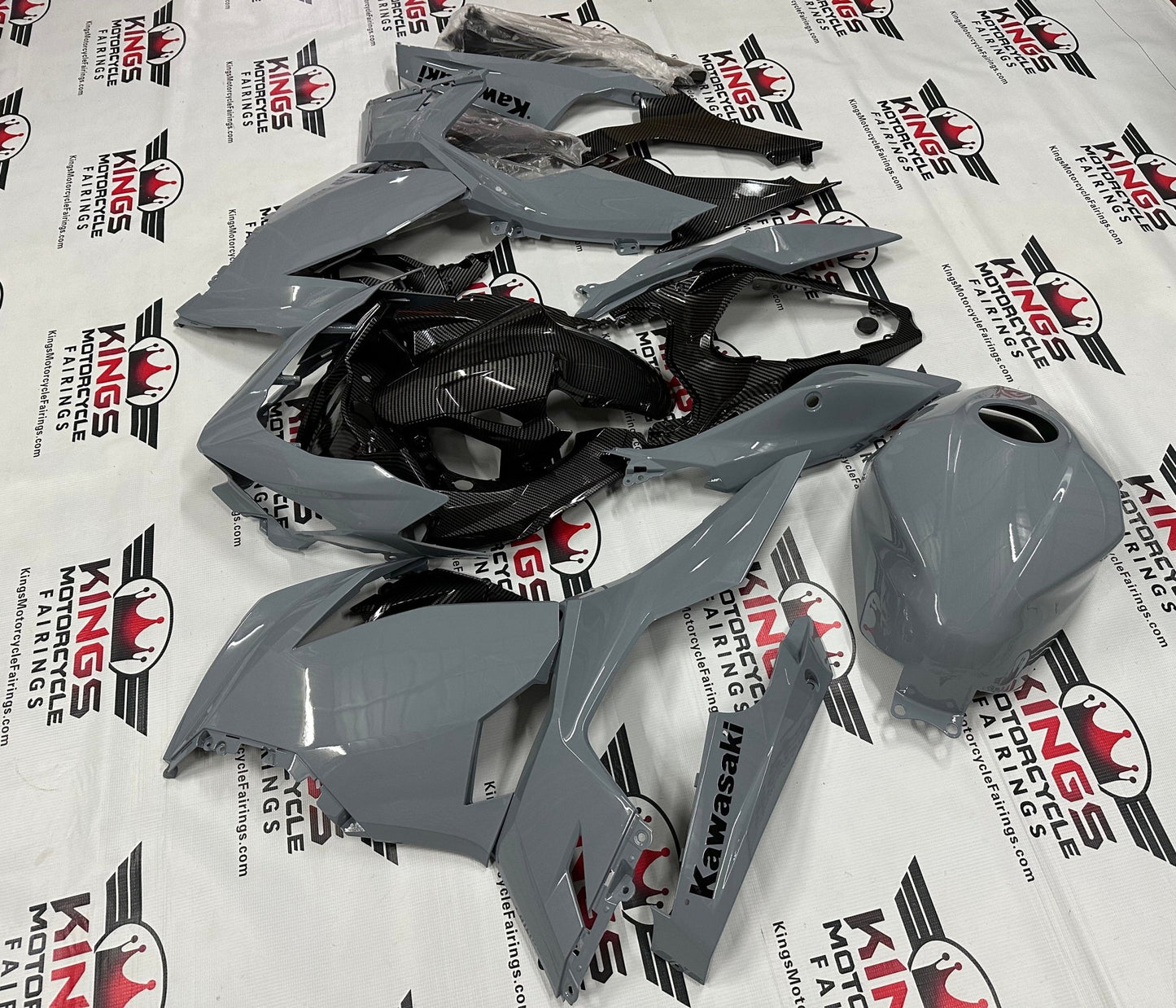 Kawasaki Ninja 400 Fairings (2018-2023) Nardo Gray, Faux Carbon Fiber at KingsMotorcycleFairings.com