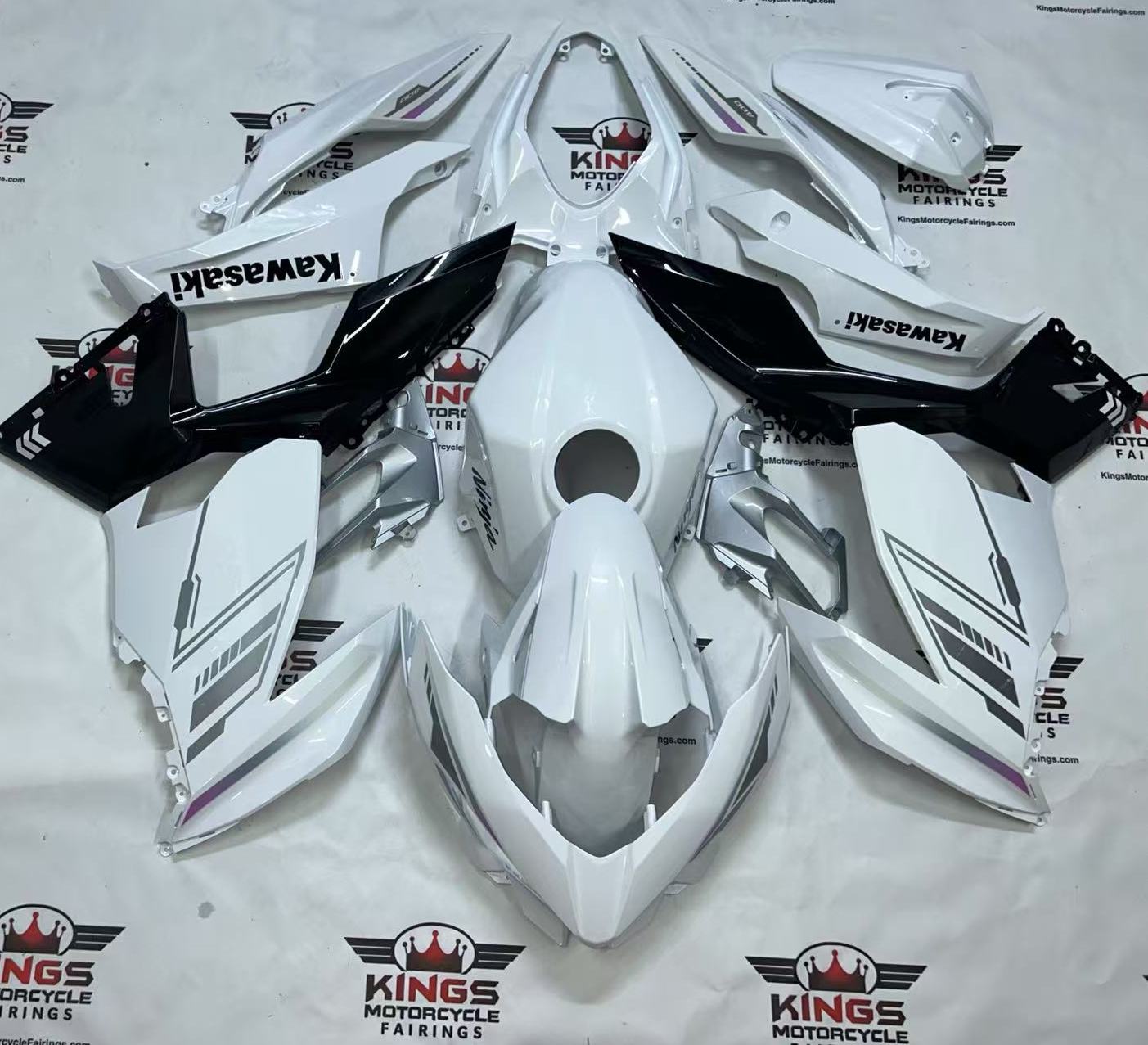 Kawasaki Ninja 400 Fairings (2018-2023) White, Black, Silver at KingsMotorcycleFairings.com