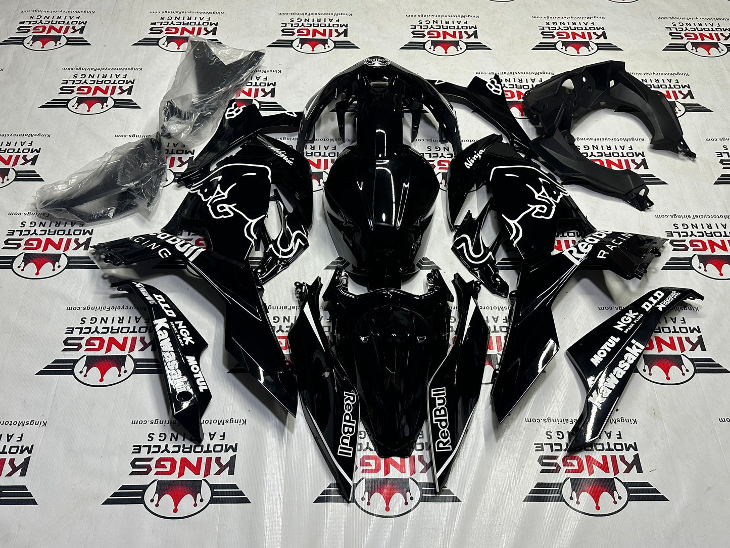 Kawasaki Ninja 400 Race Fairings (2018-2023) Black, White RedBull at KingsMotorcycleFairings.com