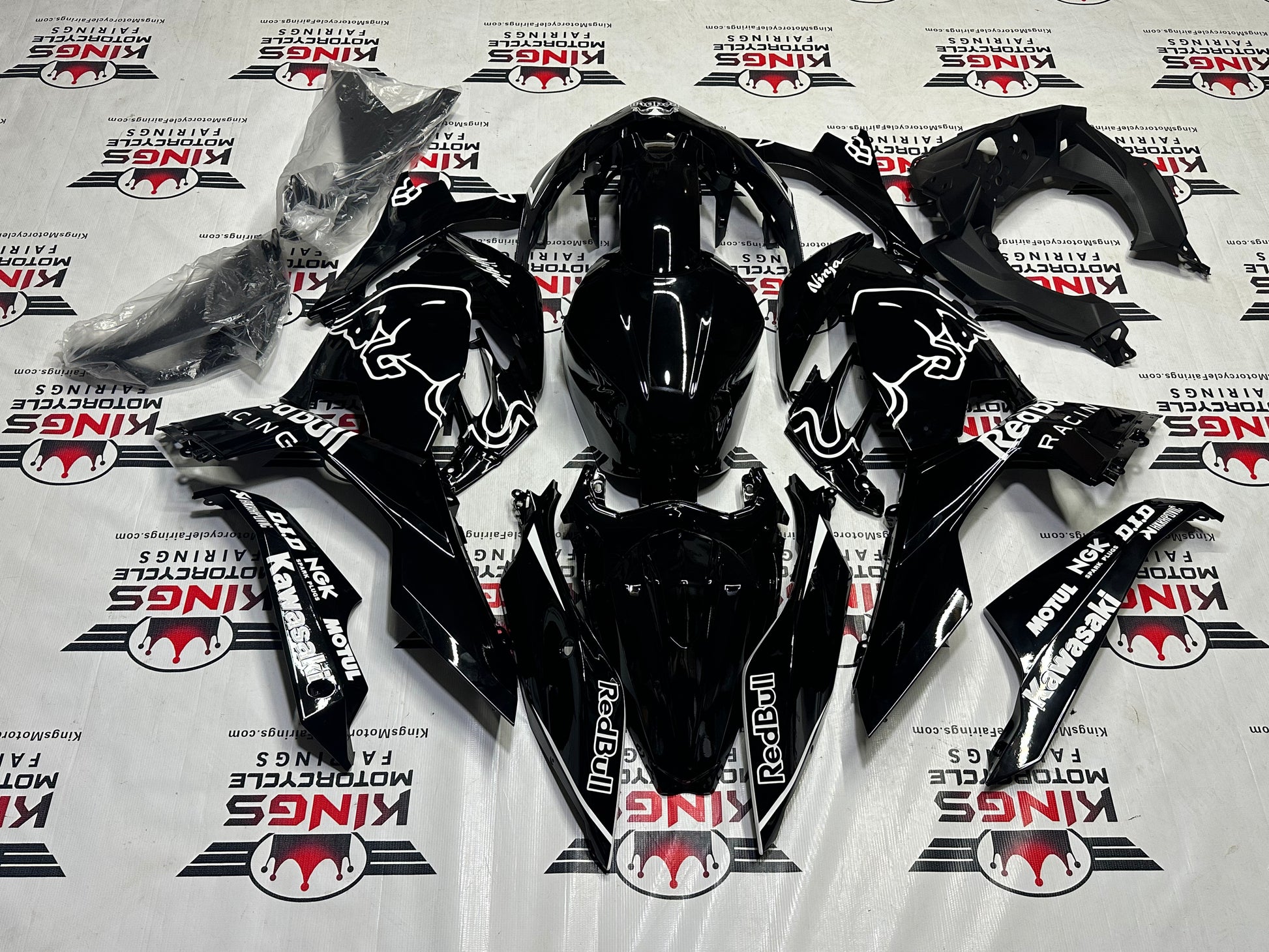 Kawasaki Ninja 400 Race Fairings (2018-2023) Black, White RedBull at KingsMotorcycleFairings.com