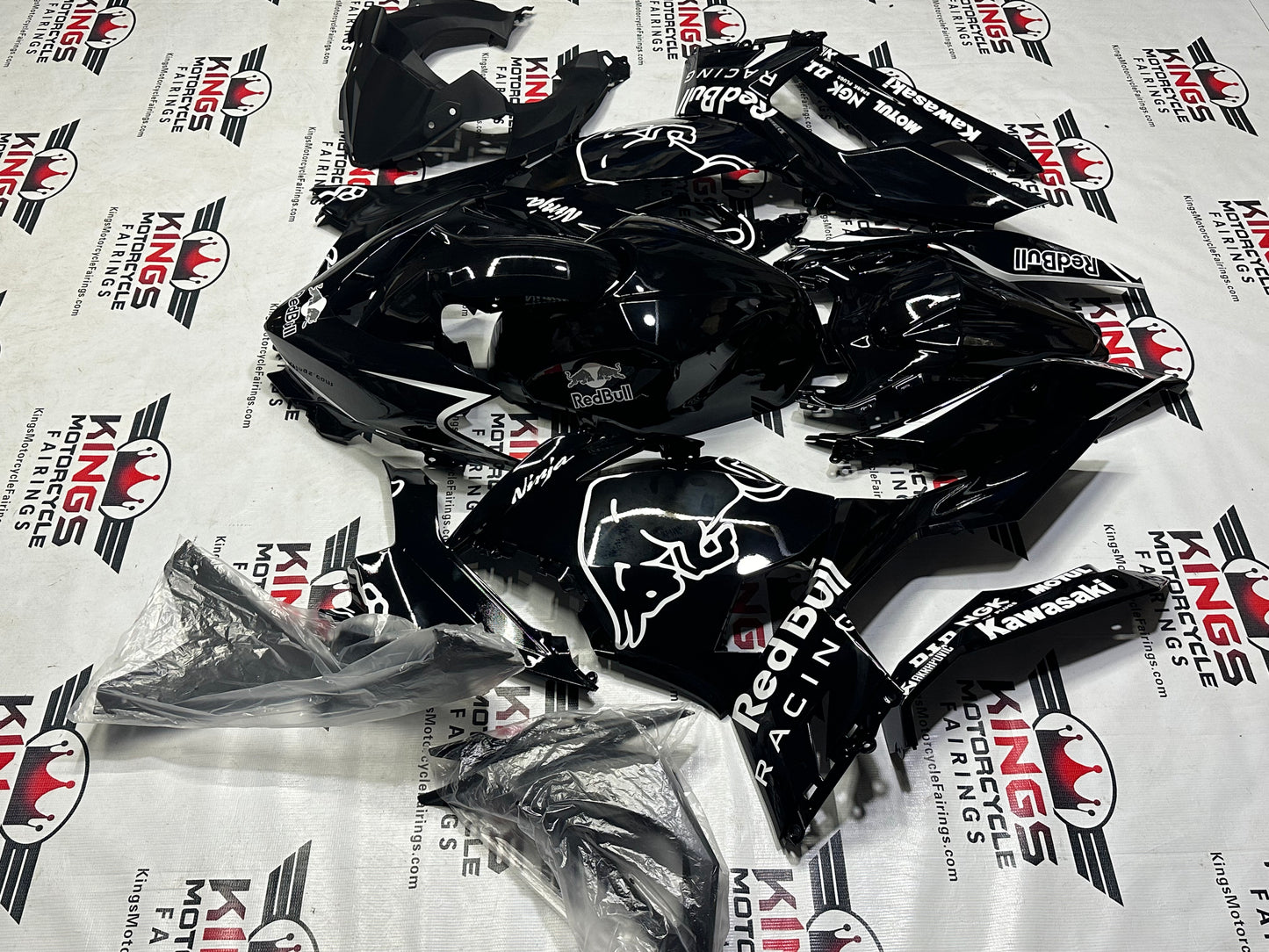 Kawasaki Ninja 400 Race Fairings (2018-2023) Black, White RedBull from KingsMotorcycleFairings.com