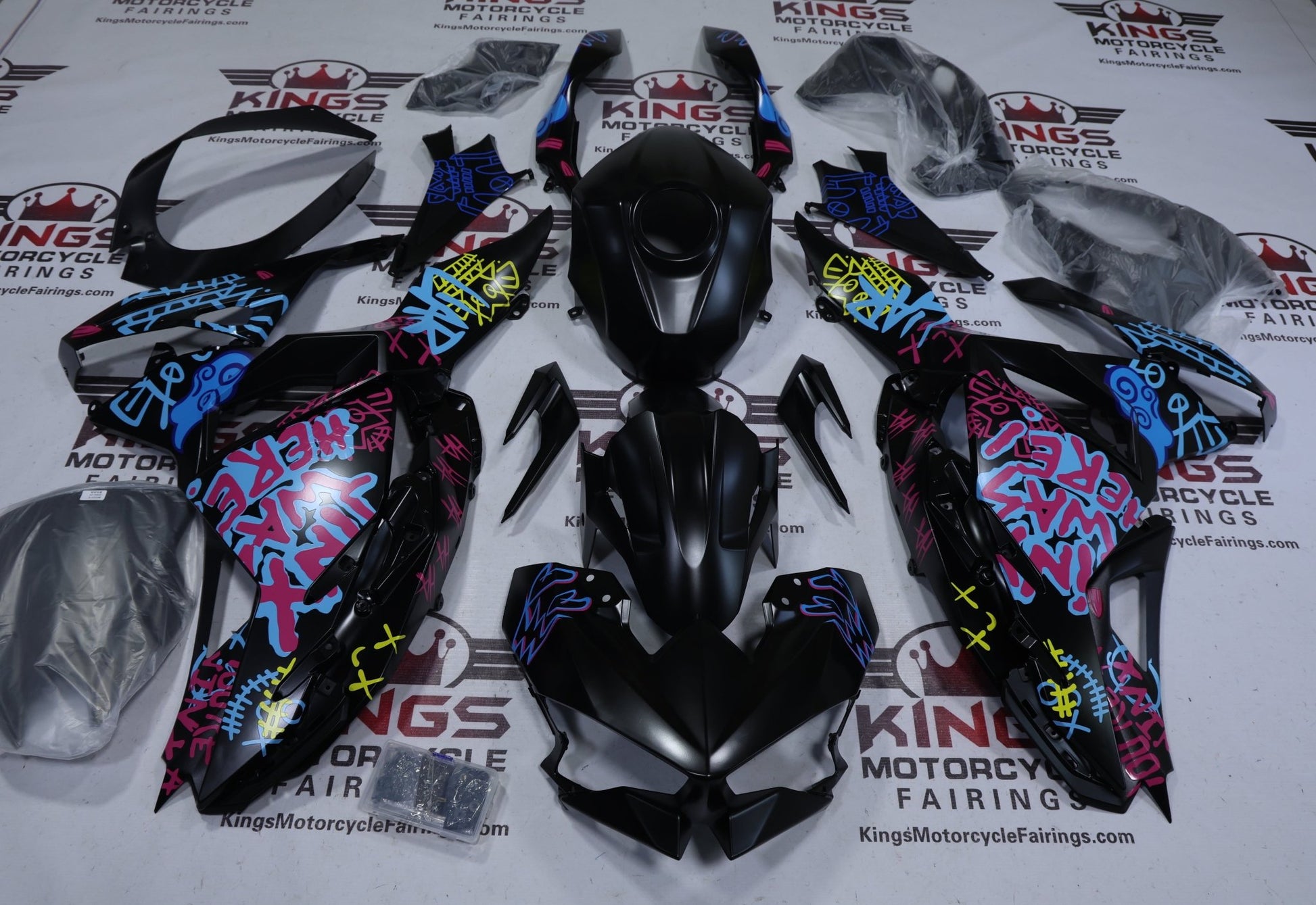 Kawasaki Ninja 500 Fairing Kit (2024-2025) Matte Black Graffiti Jinx at KingsMotorcycleFairings.com