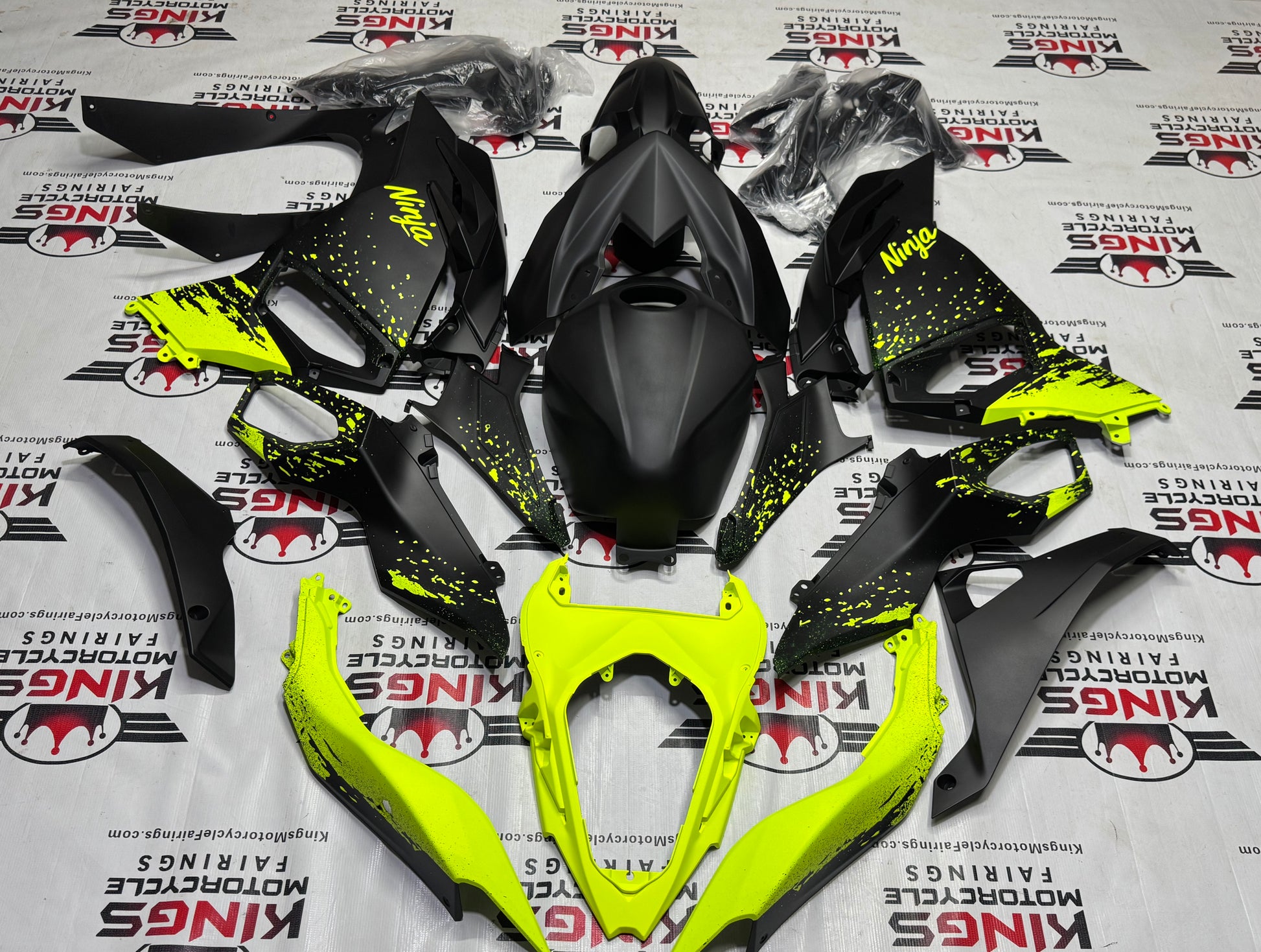 Kawasaki Ninja 500 Fairing Kit (2024-2025) Matte Black, Neon Yellow Spray at KingsMotorcycleFairings.com