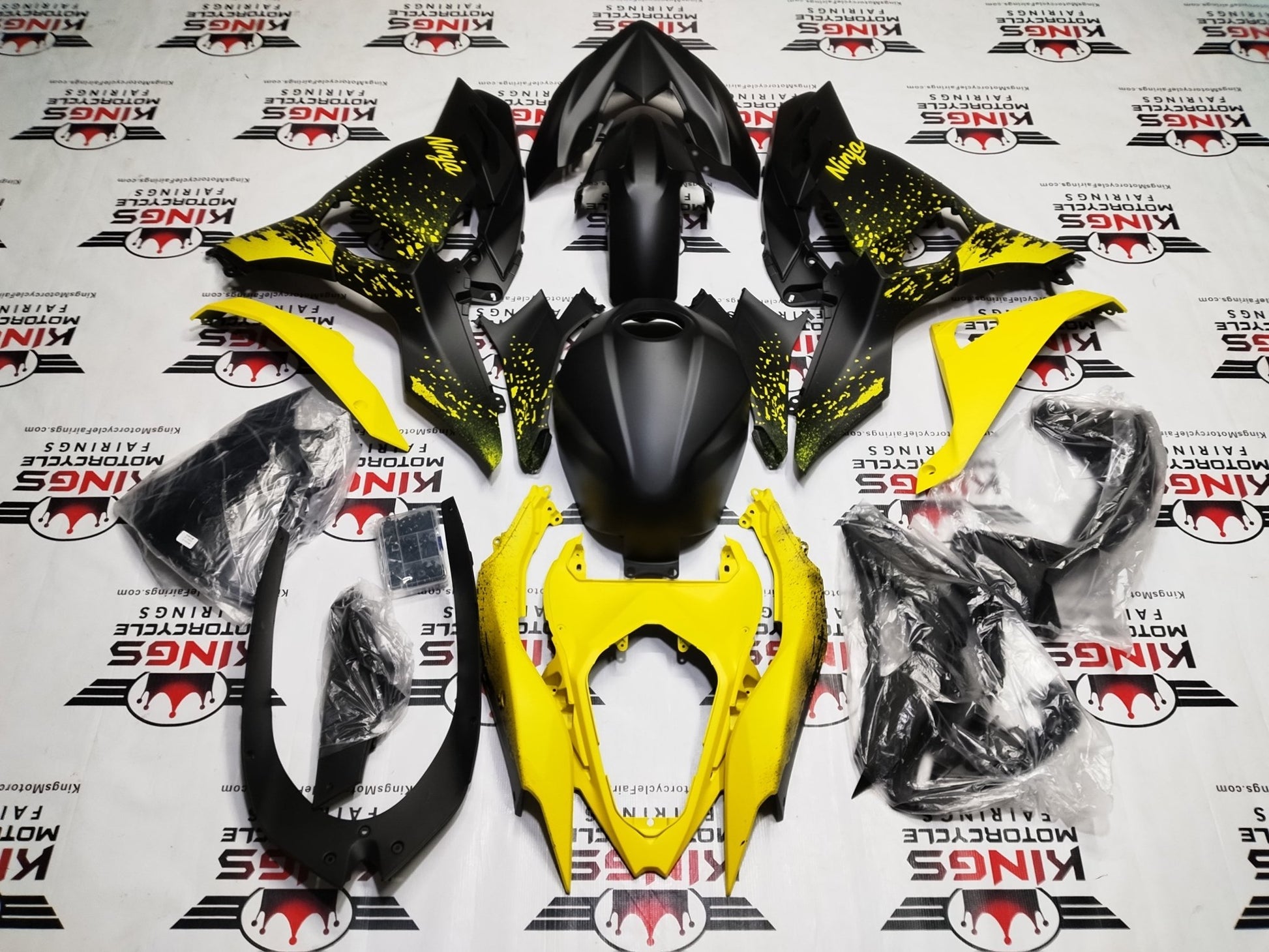 Kawasaki Ninja 500 Fairing Kit (2024-2025) Matte Black, Yellow Spray at KingsMotorcycleFairings.com
