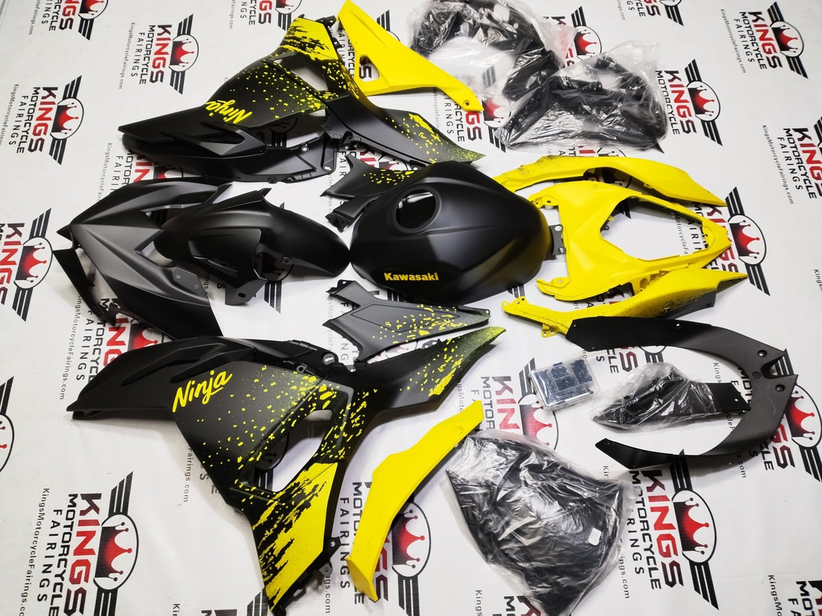 Kawasaki Ninja 500 Fairing Kit (2024-2025) Matte Black, Yellow Spray from KingsMotorcycleFairings.com