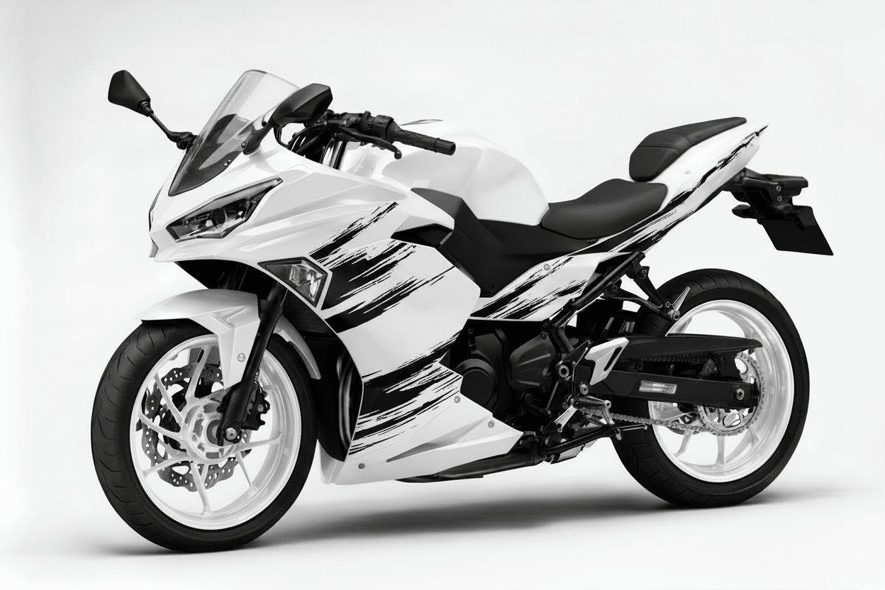 Kawasaki Ninja 500 Fairing Kit (2024-2025) White, Black Brush Strokes at KingsMotorcycleFairings.com