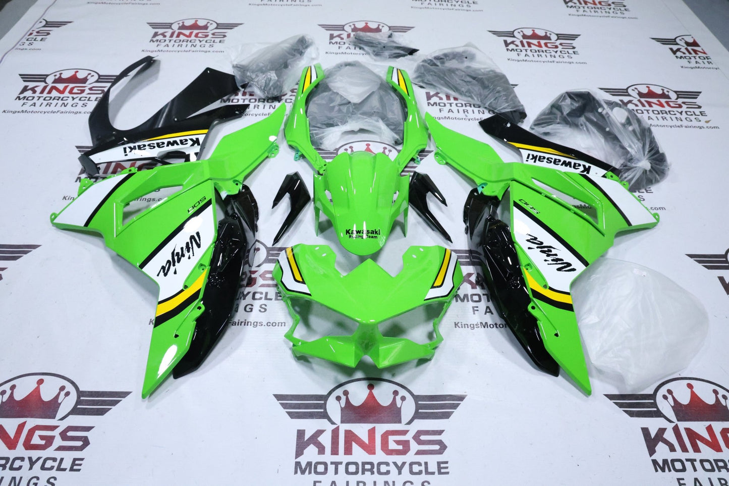Kawasaki Ninja 500 Fairing Set (2024-2025) Green, White, Yellow Stripe at KingsMotorcycleFairings.com
