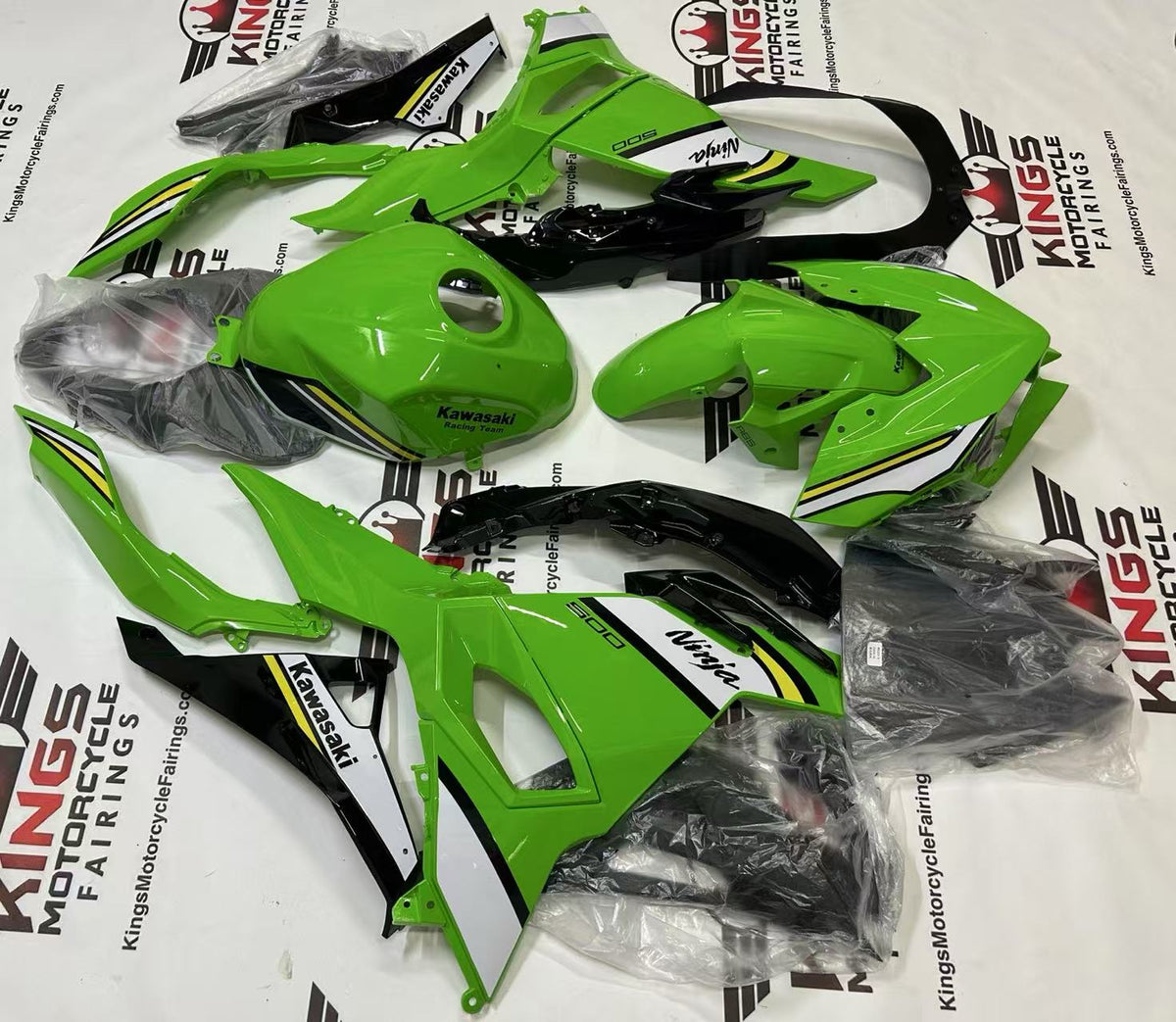 Kawasaki Ninja 500 Fairing Set (2024-2025) Green, White, Yellow, Black at KingsMotorcycleFairings.com