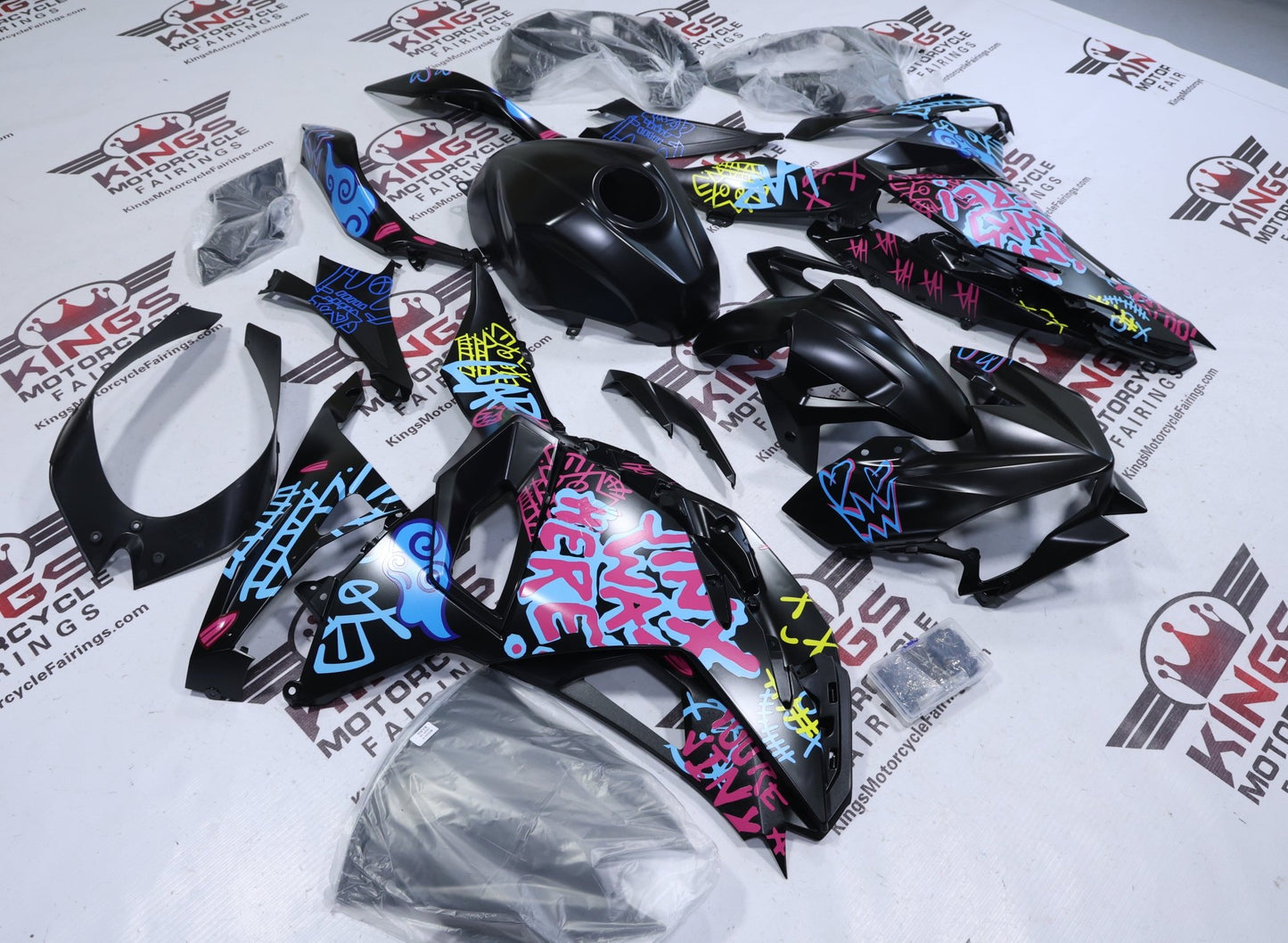 Kawasaki Ninja 500 Fairing Set (2024-2025) Matte Black Graffiti Jinx at KingsMotorcycleFairings.com