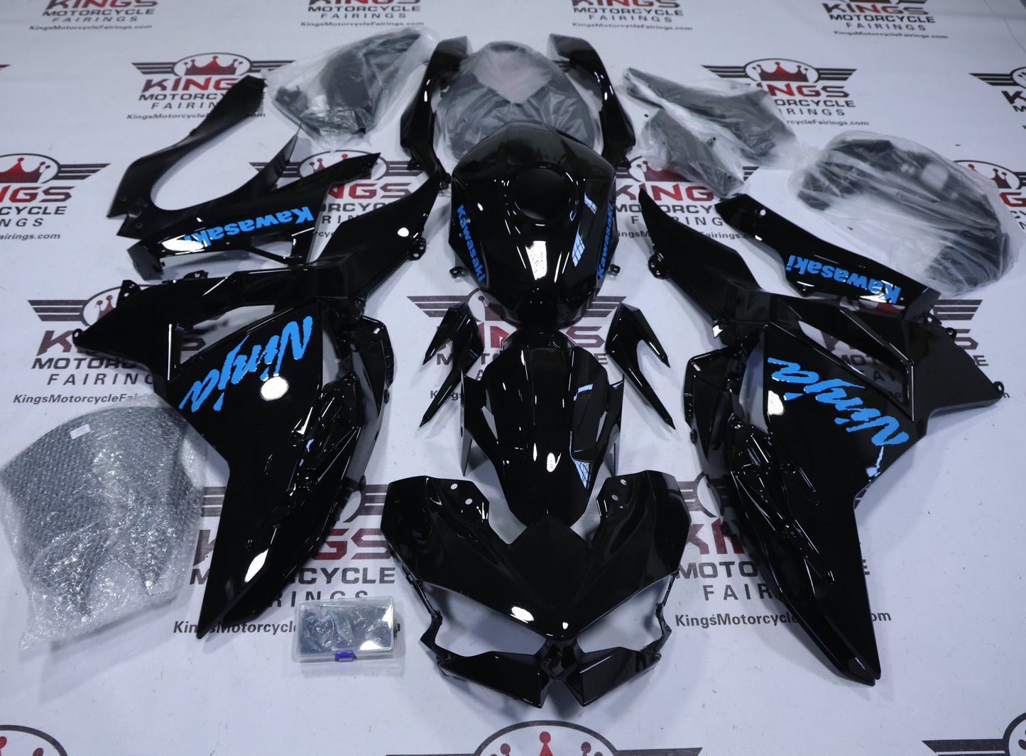 Fairings for Kawasaki Ninja 500 (2024-2025) Black, Baby Blue from KingsMotorcycleFairings.com
