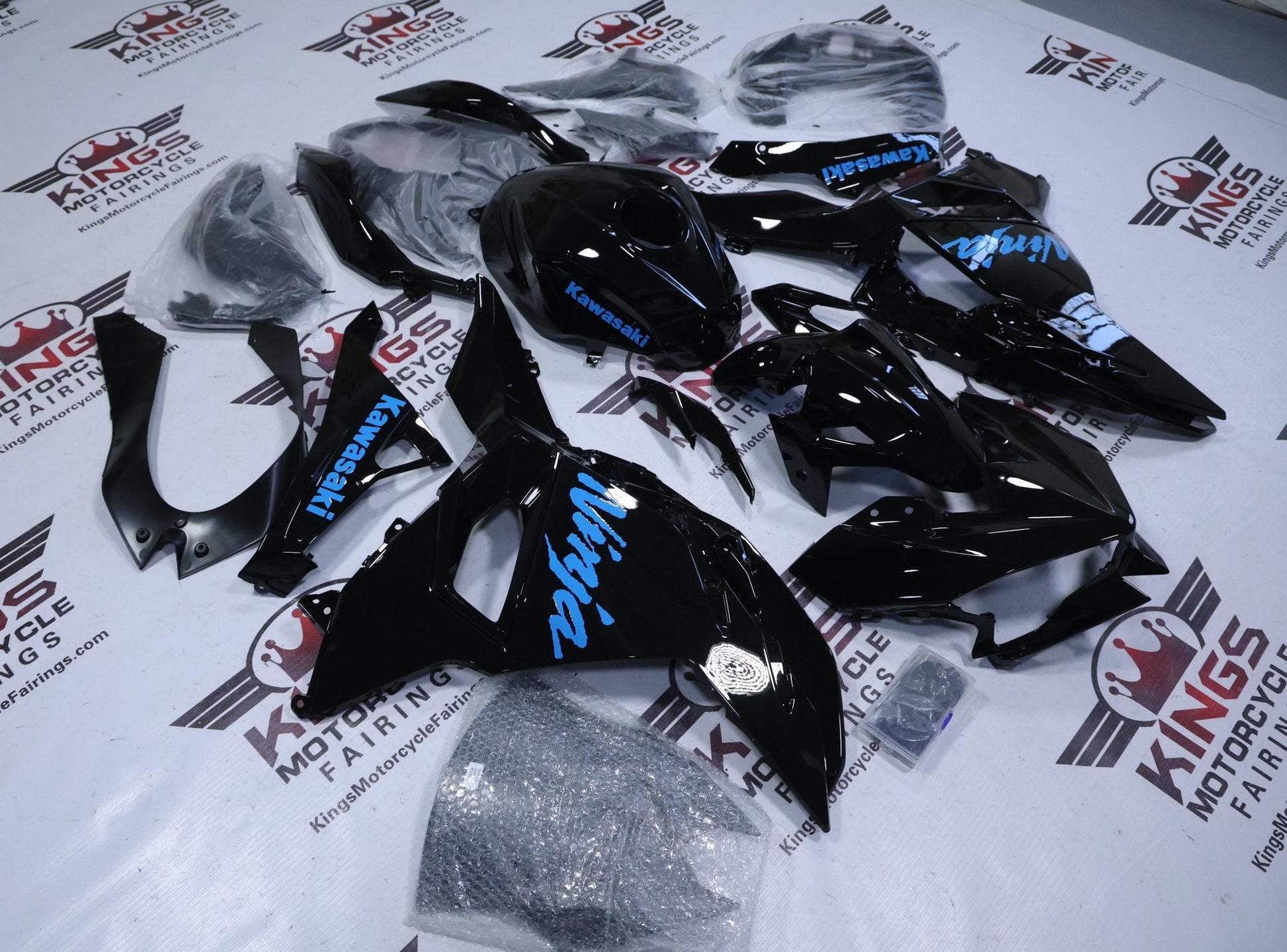 Fairings for Kawasaki Ninja 500 (2024-2025) Black, Baby Blue at KingsMotorcycleFairings.com