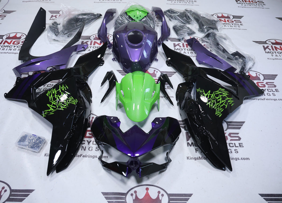 Kawasaki Ninja 500 Fairings (2024-2025) Black, Faux Purple Carbon Fiber, Green Carbon Fiber, Purple Joker at KingsMotorcycleFairings.com