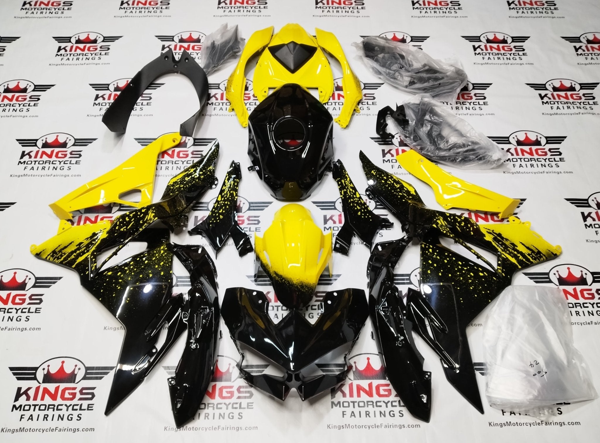 Kawasaki Ninja 500 Fairings (2024-2025) Black, Yellow Spray at KingsMotorcycleFairings.com