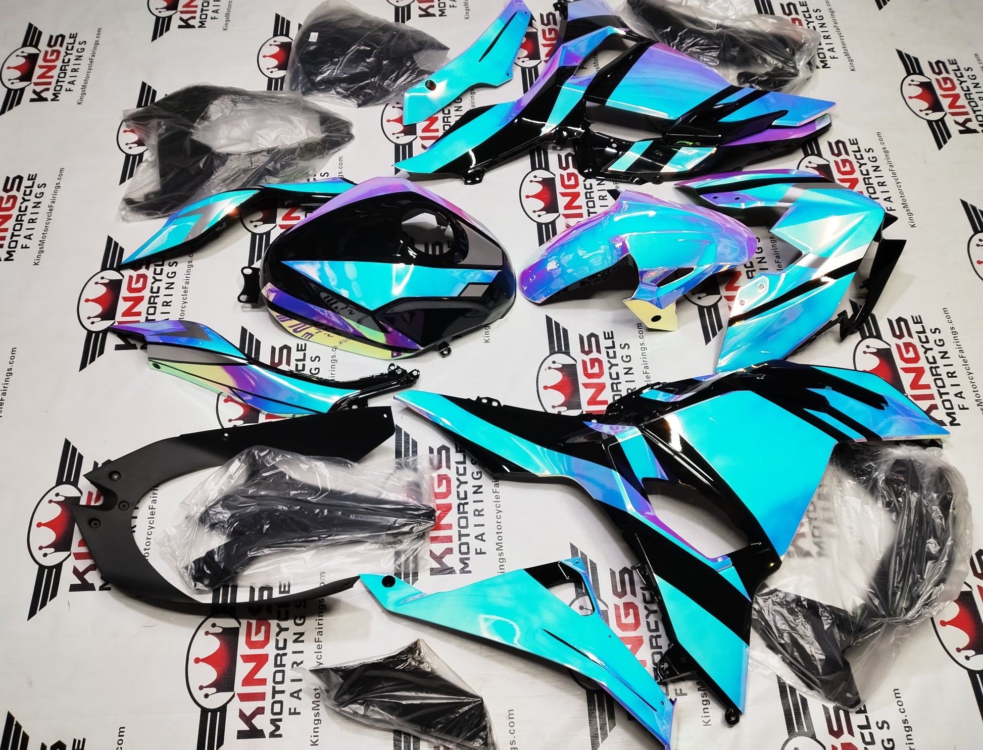 Kawasaki Ninja 500 Fairings (2024-2025) Blue, Pink Chrome Chameleon at KingsMotorcycleFairings.com