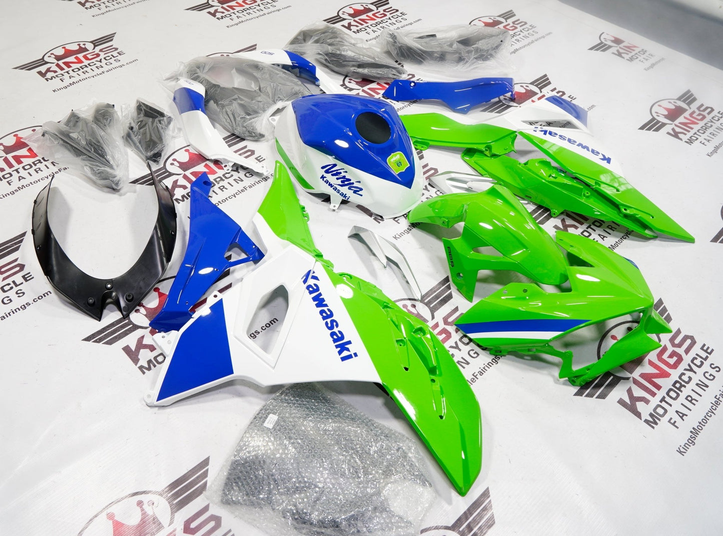 Kawasaki Ninja 500 Fairings (2024-2025) Green, White, Blue at KingsMotorcycleFairings.com
