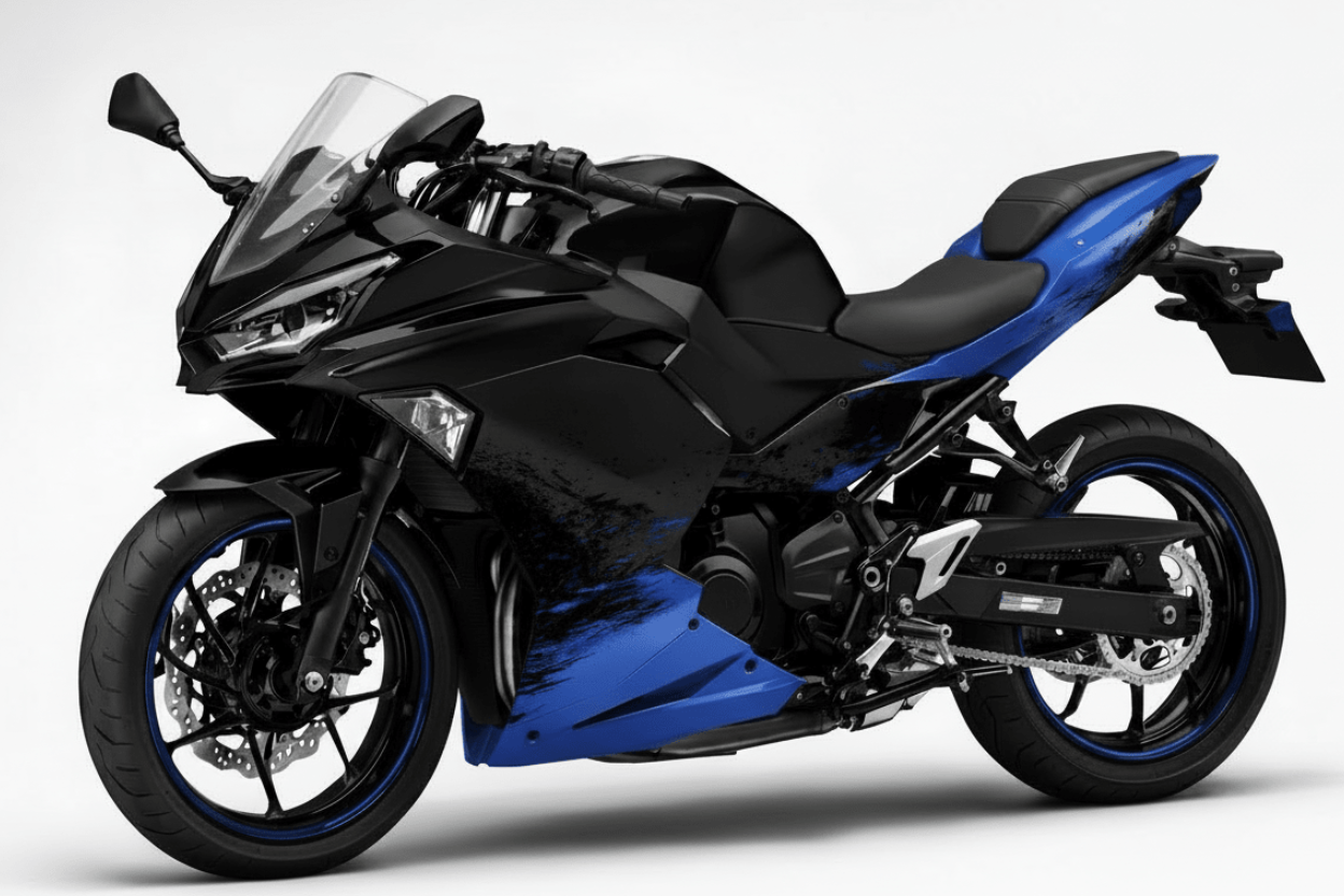 Kawasaki Ninja 500 Fairings (2024-2025) Matte Black, Blue Splash at KingsMotorcycleFairings.com
