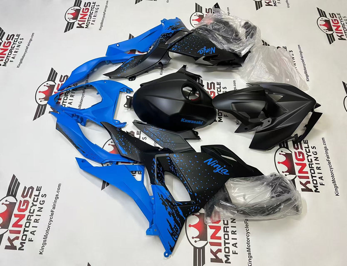 Kawasaki Ninja 500 Fairings (2024-2025) Matte Black, Matte Blue Splash at KingsMotorcycleFairings.com