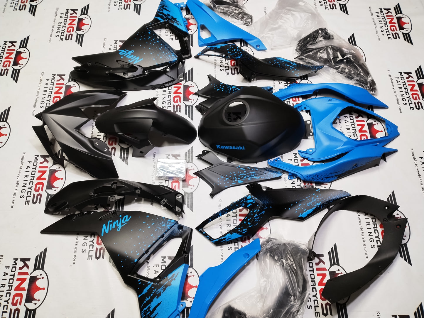Kawasaki Ninja 500 Fairings (2024-2025) Matte Black, Matte Blue Spray from KingsMotorcycleFairings.com