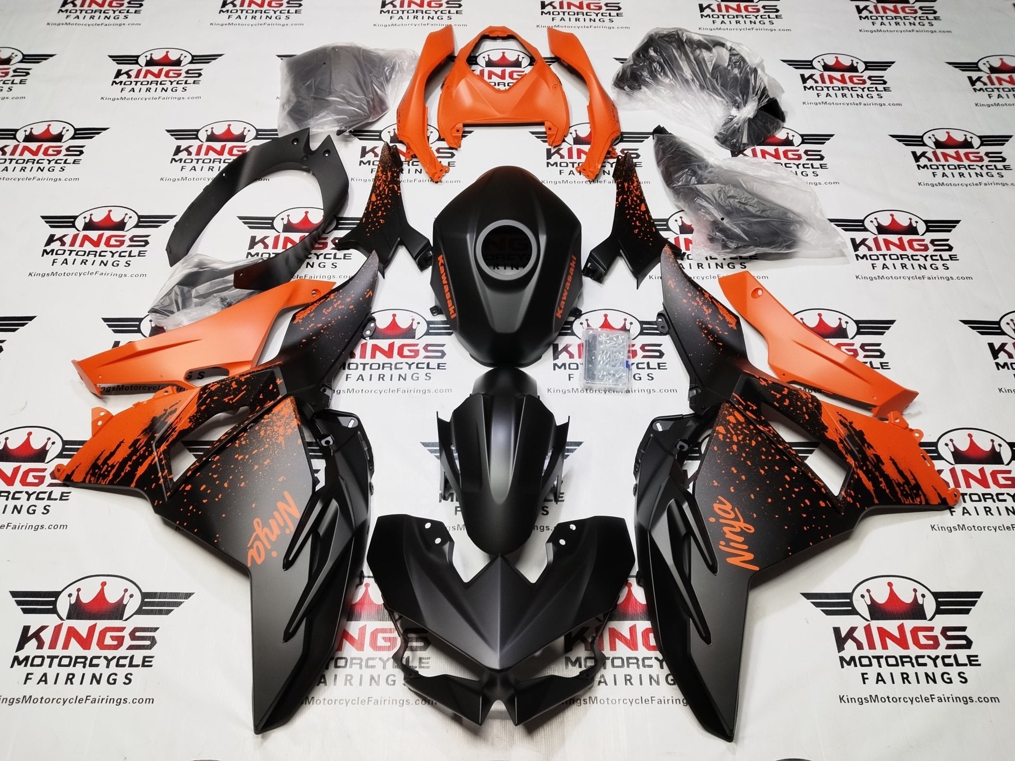 Kawasaki Ninja 500 Fairings (2024-2025) Matte Black, Matte Orange Spray from KingsMotorcycleFairings.com