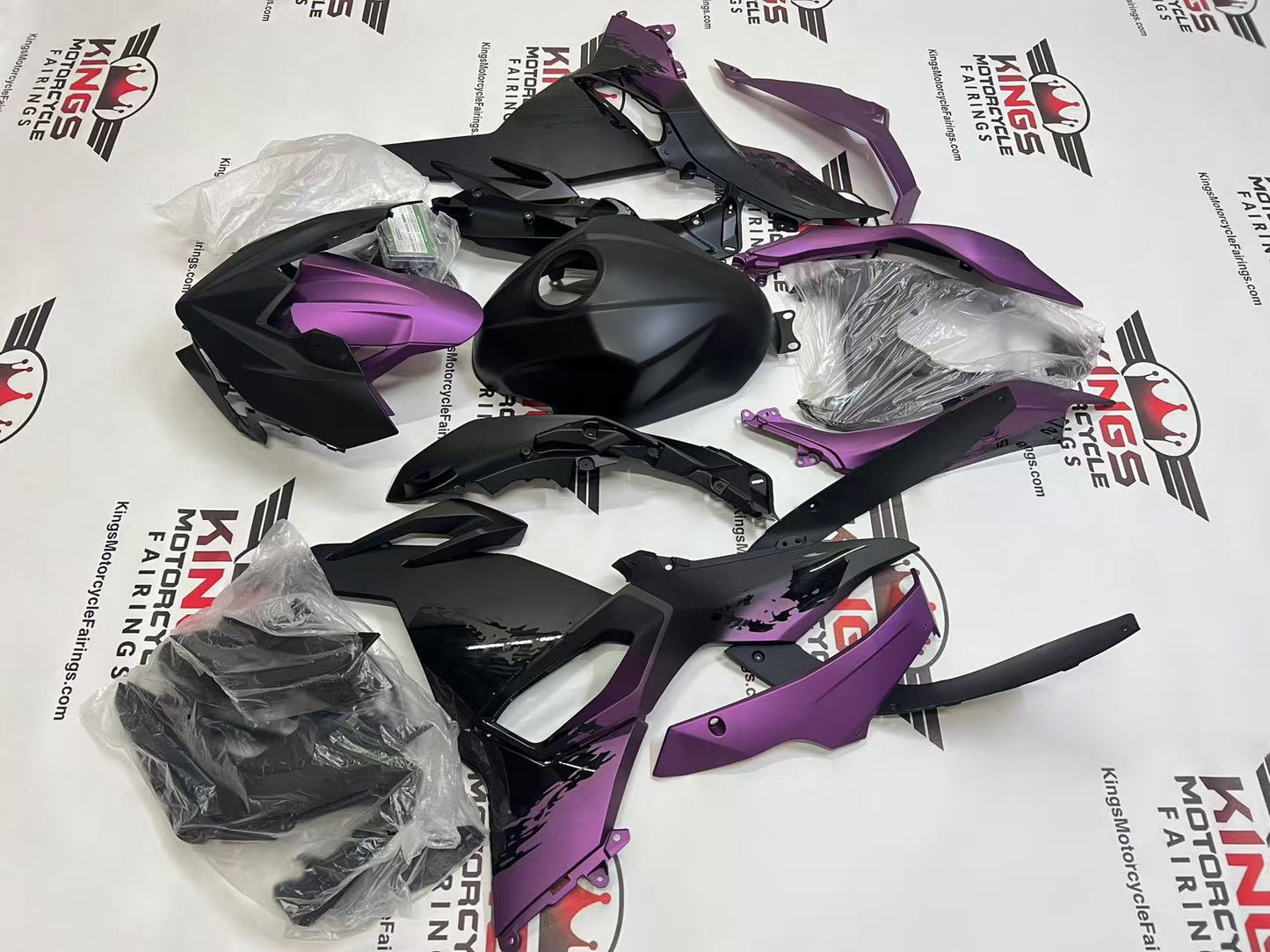 Kawasaki Ninja 500 Fairings (2024-2025) Matte Black, Matte Purple Spray at KingsMotorcycleFairings.com