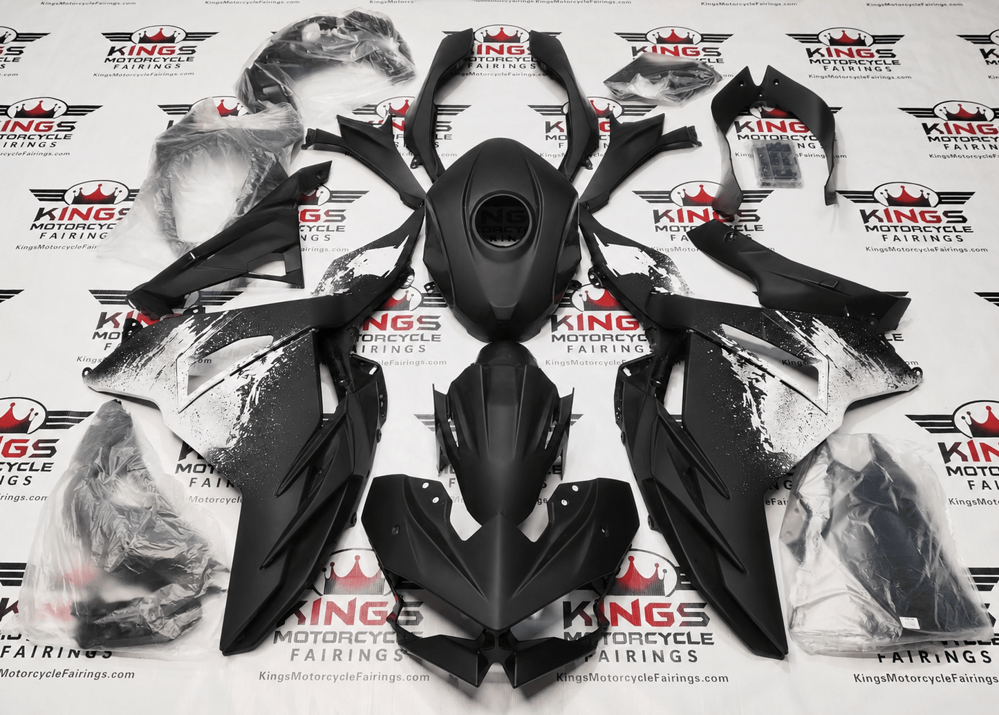 Kawasaki Ninja 500 Fairings (2024-2025) Matte Black, Matte White Spray from KingsMotorcycleFairings.com
