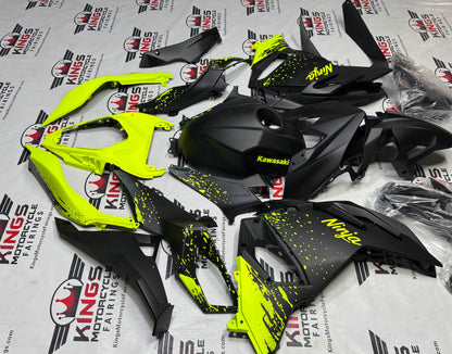 Kawasaki Ninja 500 Fairings (2024-2025) Matte Black, Neon Yellow Spray at KingsMotorcycleFairings.com