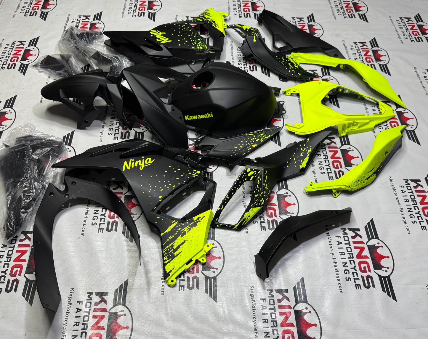 Kawasaki Ninja 500 Fairings (2024-2025) Matte Black, Neon Yellow Spray from KingsMotorcycleFairings.com