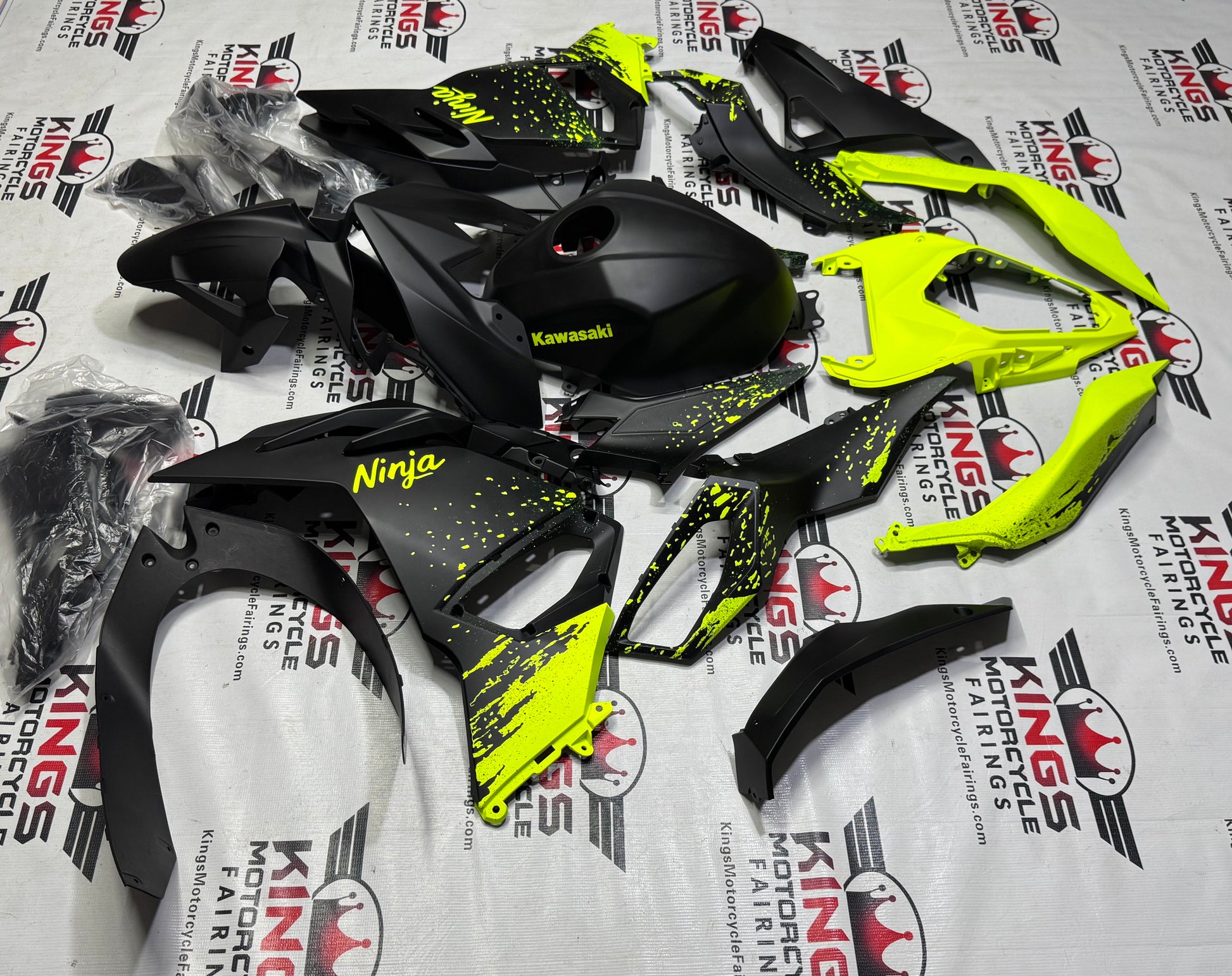Kawasaki Ninja 500 Fairings (2024-2025) Matte Black, Neon Yellow Spray from KingsMotorcycleFairings.com
