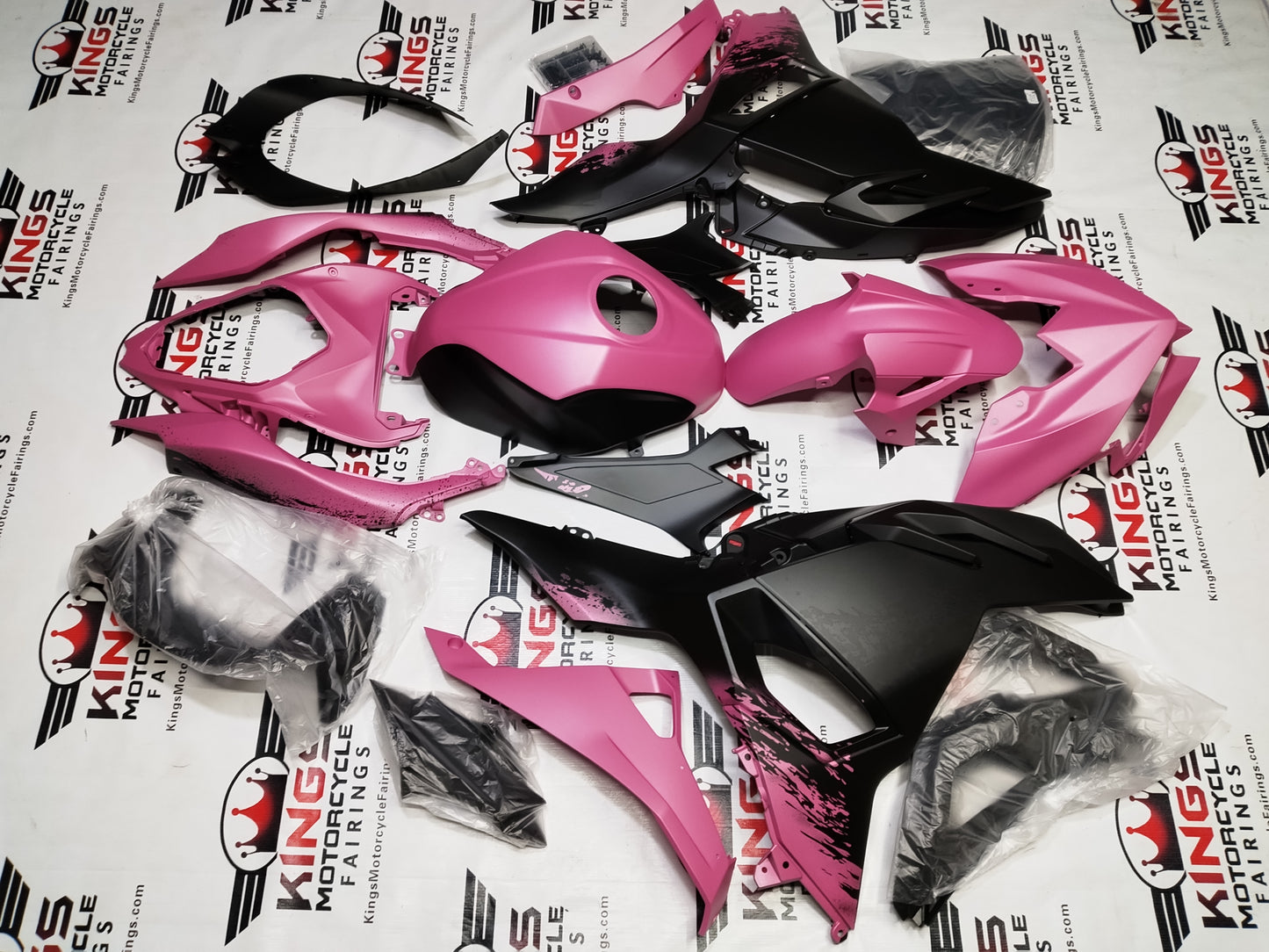Kawasaki Ninja 500 Fairings (2024-2025) Matte Black, Pink Splash at KingsMotorcycleFairings.com