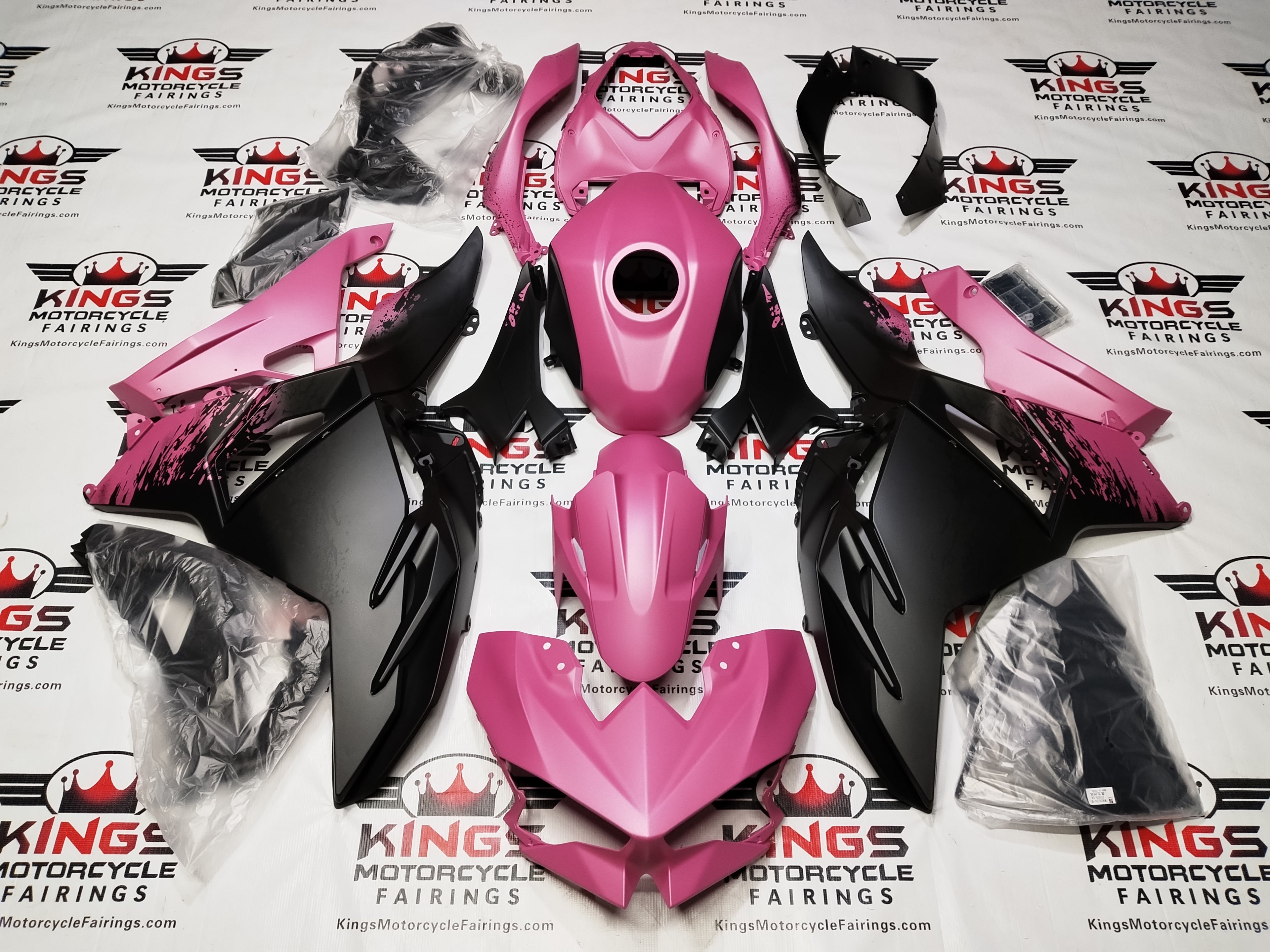 Kawasaki Ninja 500 Fairings (2024-2025) Matte Black, Pink Splash from KingsMotorcycleFairings.com