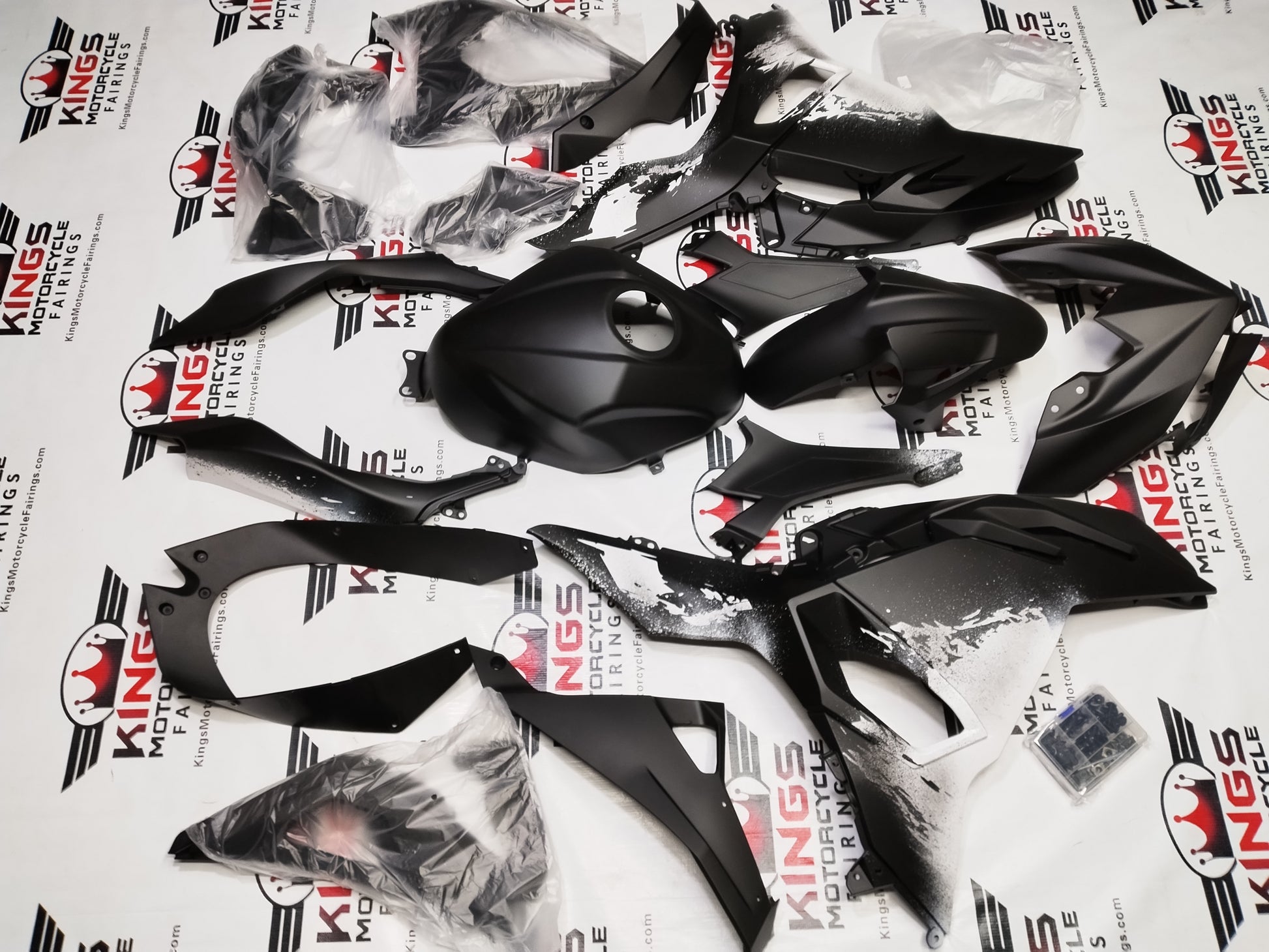 Kawasaki Ninja 500 Fairings (2024-2025) Matte Black, White Splash at KingsMotorcycleFairings.com