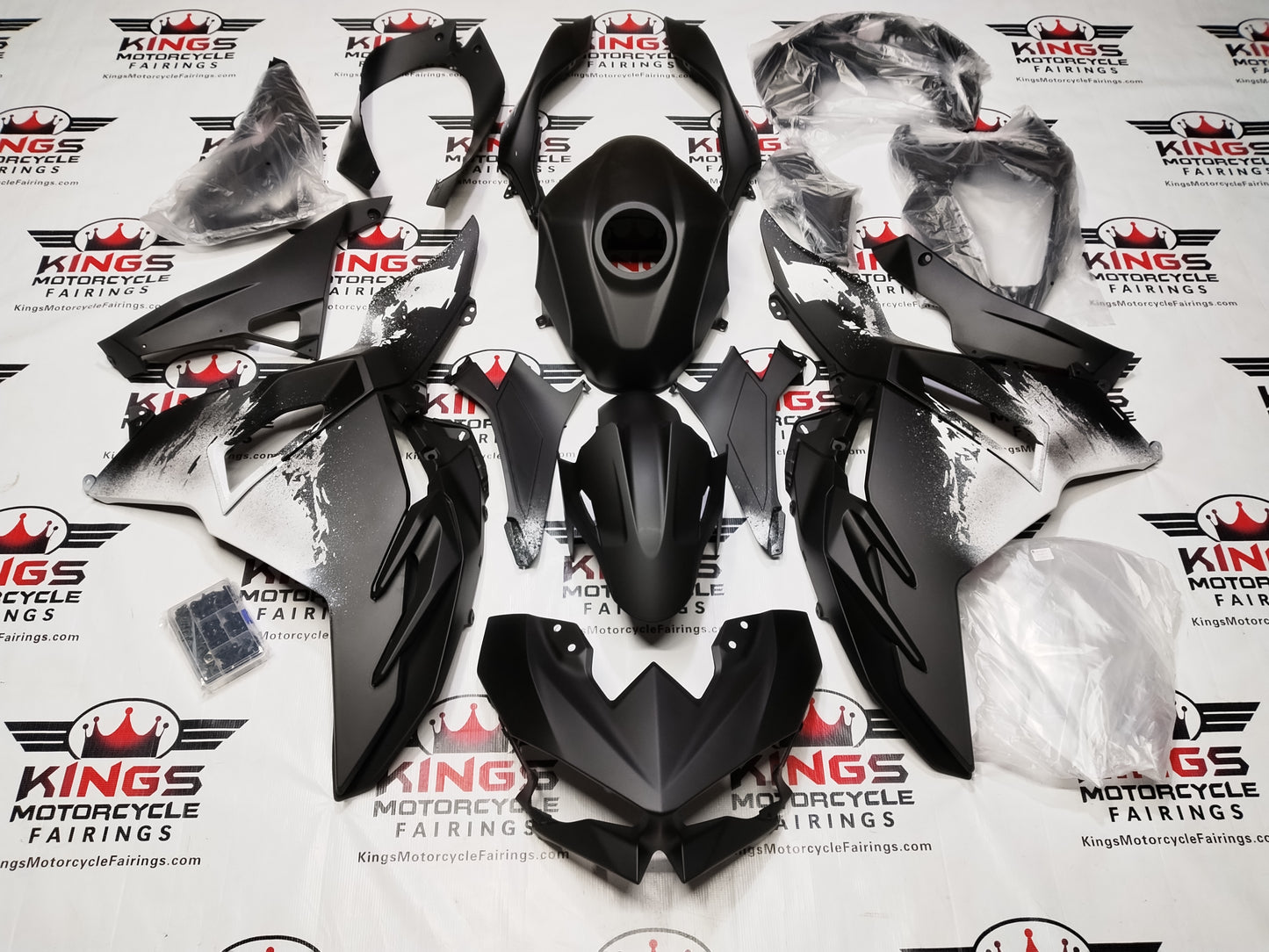 Kawasaki Ninja 500 Fairings (2024-2025) Matte Black, White Splash from KingsMotorcycleFairings.com